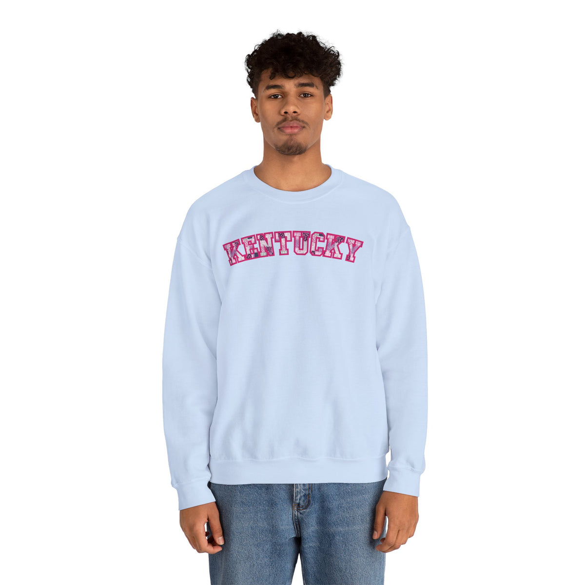 Kentucky Pink Plaid Crewneck Sweatshirt | State Pride, Retro Block Letters