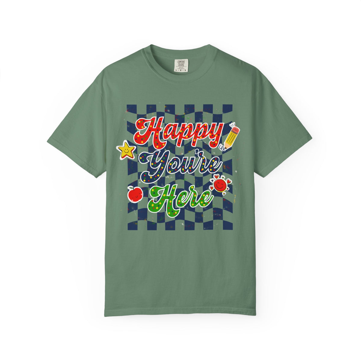 "Happy You're Here" Primary Colors Checkerboard T-Shirt | Retro Doodle Graphics - Unisex regular fit, round neck, short sleeve, cotton, printed, casual