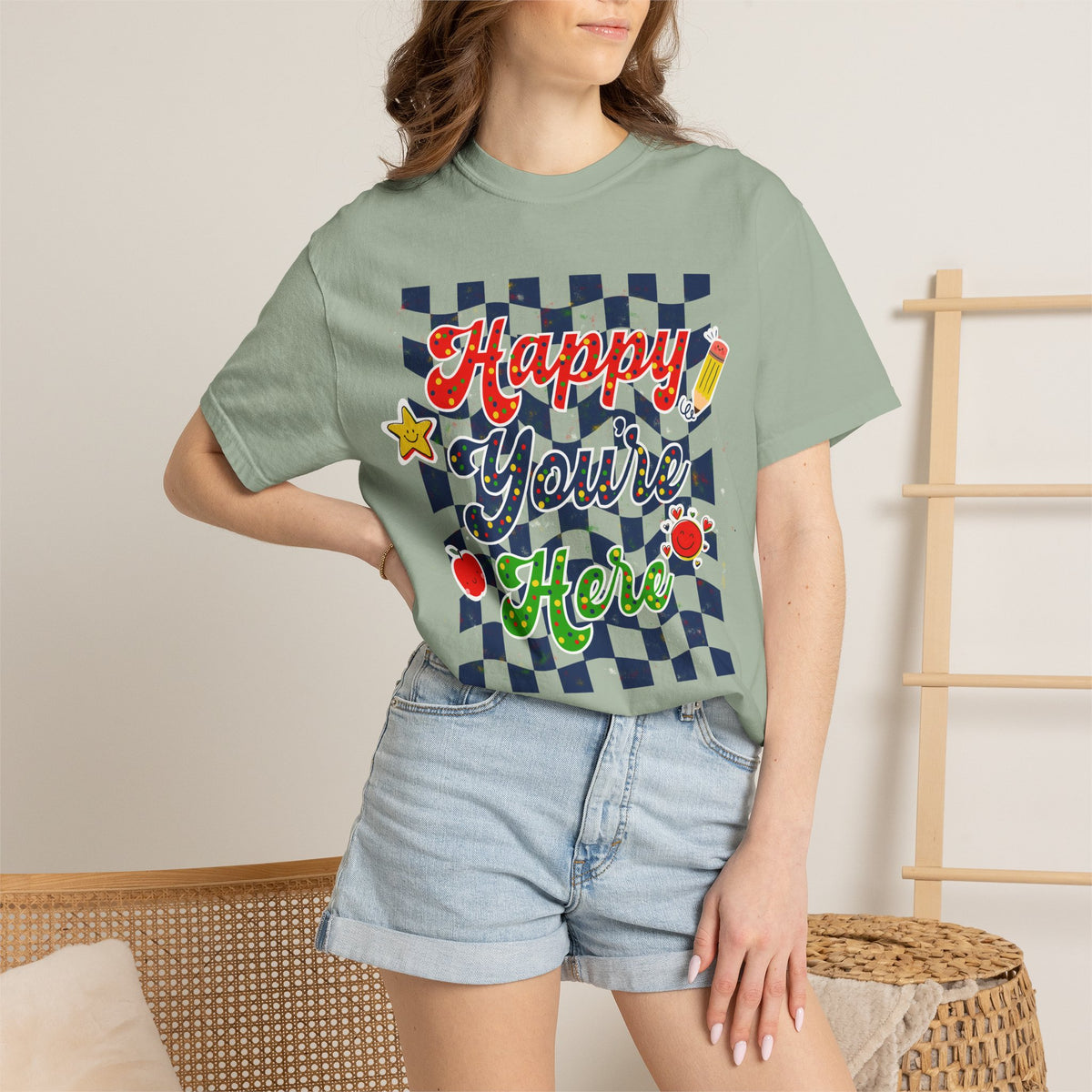 "Happy You're Here" Primary Colors Checkerboard T-Shirt | Retro Doodle Graphics - Unisex regular fit, round neck, short sleeve, cotton, printed, casual
