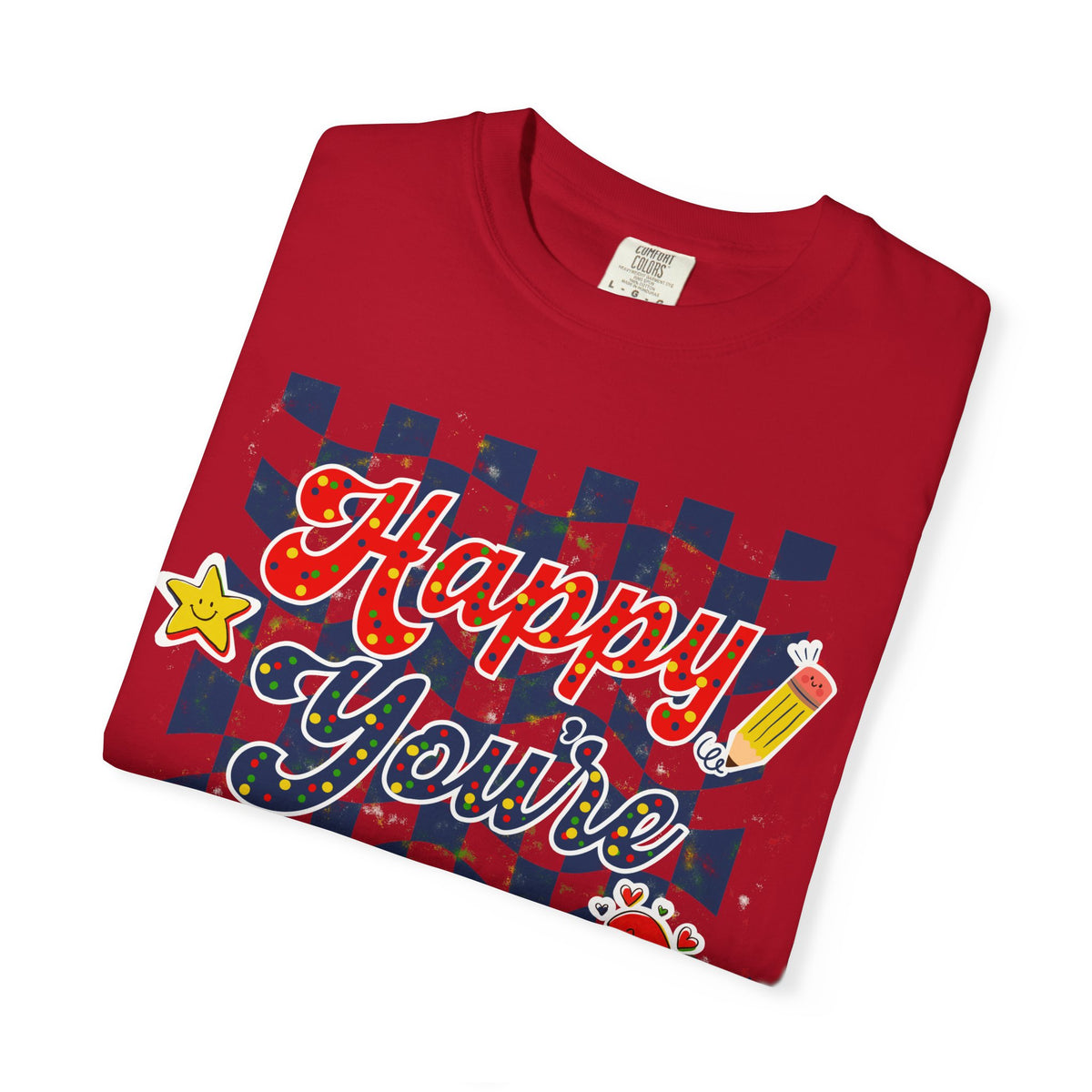 "Happy You're Here" Primary Colors Checkerboard T-Shirt | Retro Doodle Graphics - Unisex regular fit, round neck, short sleeve, cotton, printed, casual