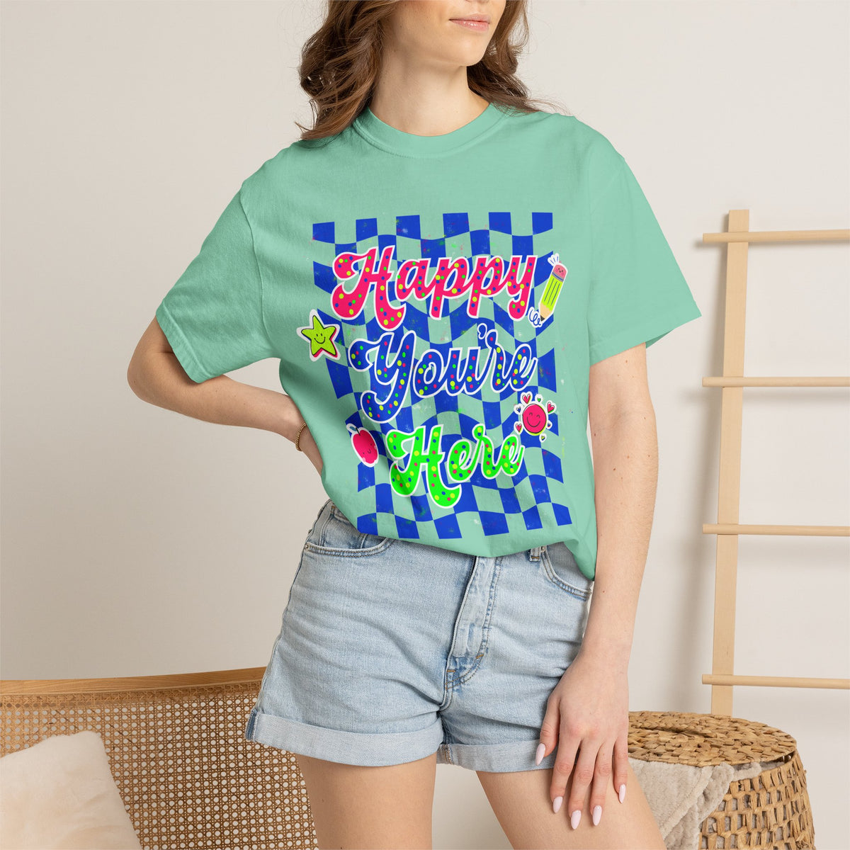 "Happy You're Here" Neon Colors Checkerboard T-Shirt | Retro Doodle Graphics - Unisex regular fit, round neck, short sleeve, cotton, printed, casual