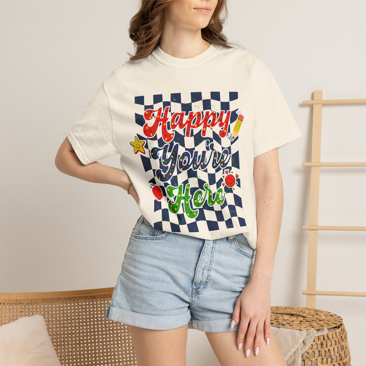 "Happy You're Here" Primary Colors Checkerboard T-Shirt | Retro Doodle Graphics - Unisex regular fit, round neck, short sleeve, cotton, printed, casual