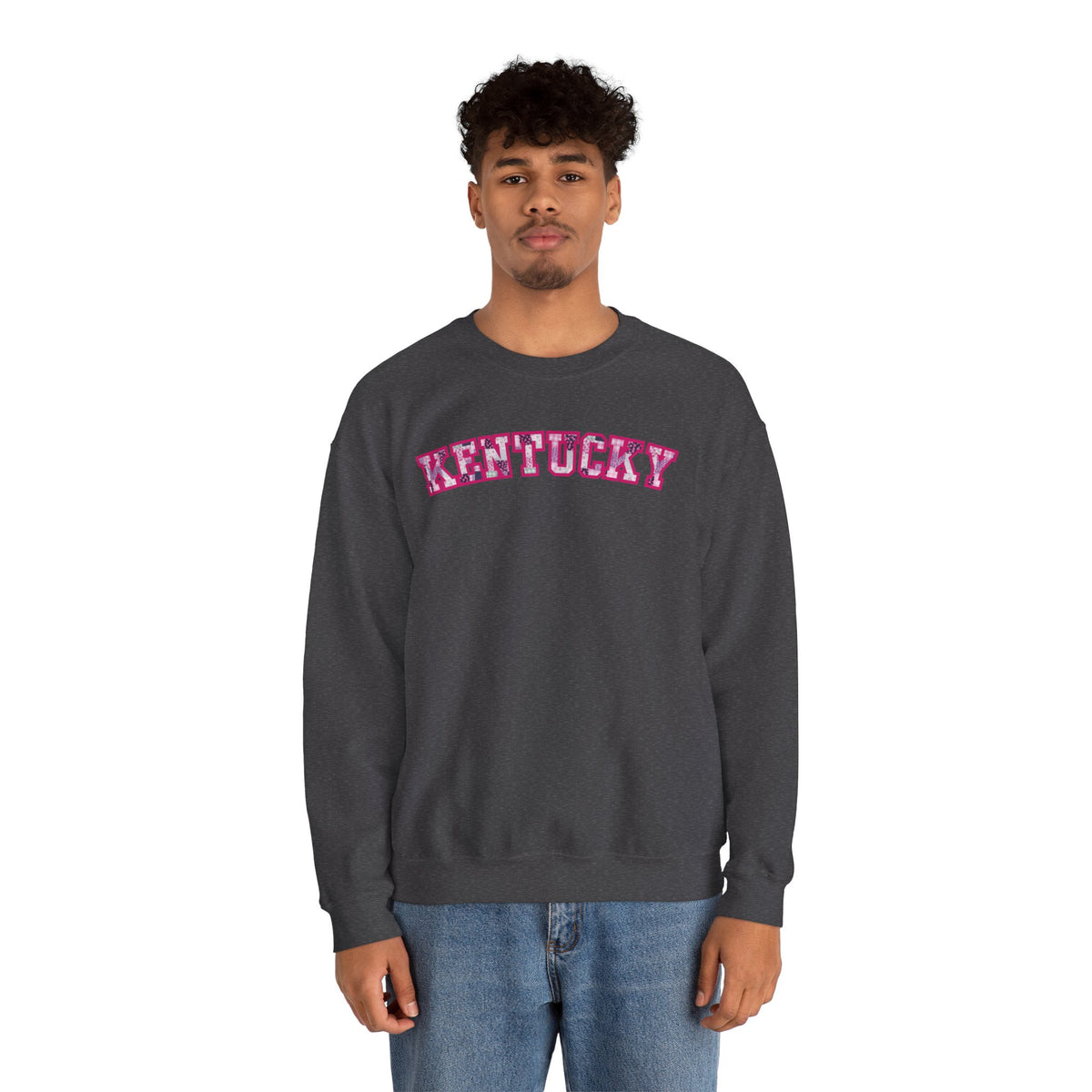 Kentucky Pink Plaid Crewneck Sweatshirt | State Pride, Retro Block Letters