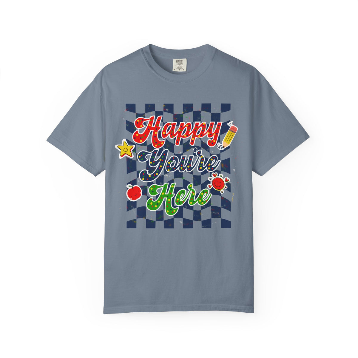 "Happy You're Here" Primary Colors Checkerboard T-Shirt | Retro Doodle Graphics - Unisex regular fit, round neck, short sleeve, cotton, printed, casual