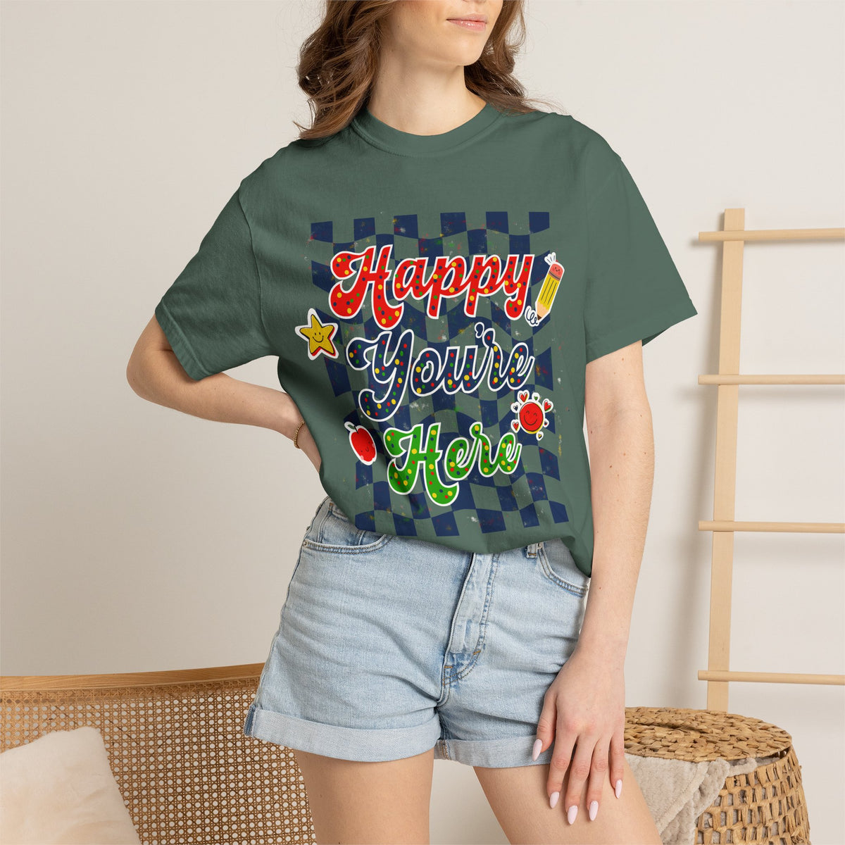 "Happy You're Here" Primary Colors Checkerboard T-Shirt | Retro Doodle Graphics - Unisex regular fit, round neck, short sleeve, cotton, printed, casual