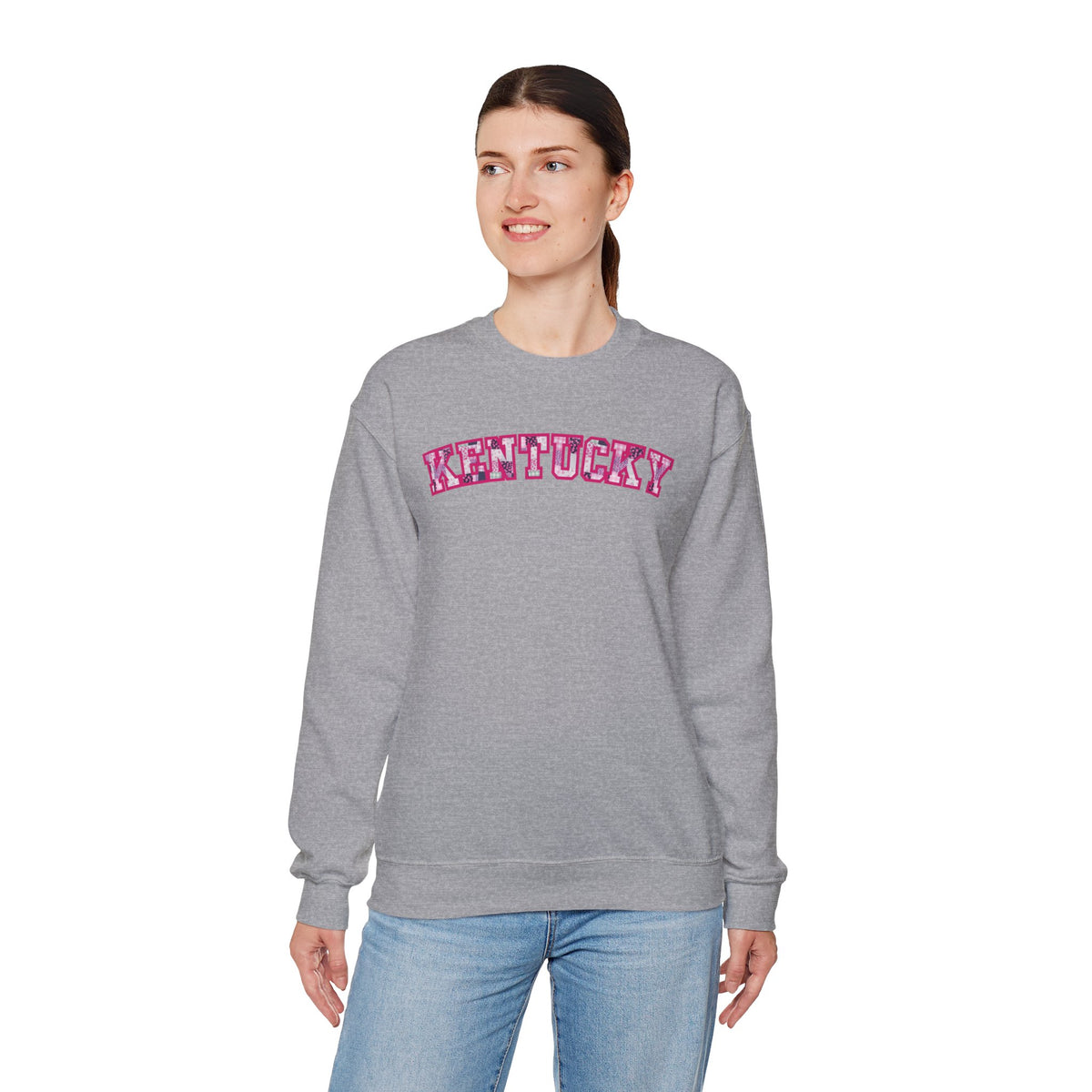 Kentucky Pink Plaid Crewneck Sweatshirt | State Pride, Retro Block Letters