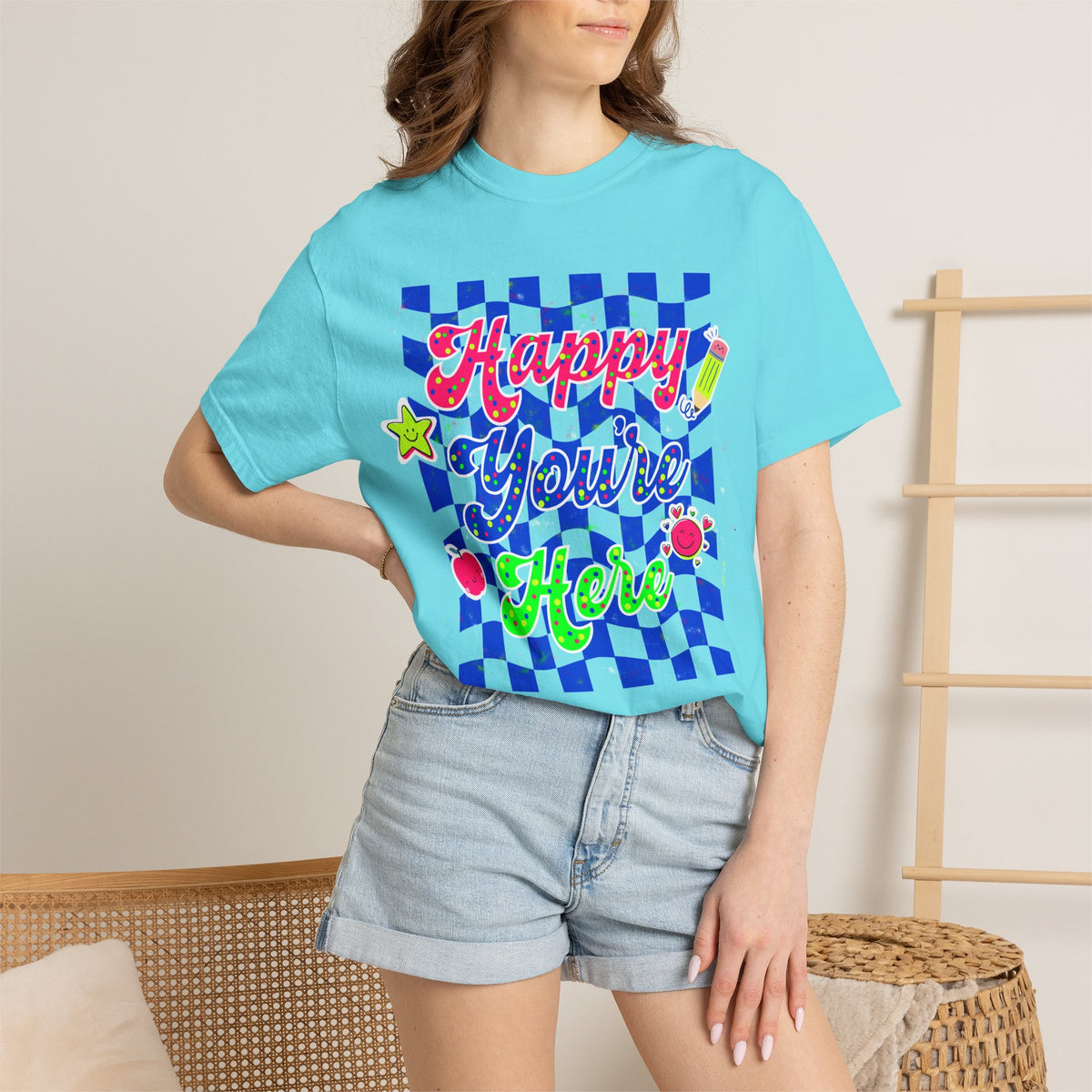 "Happy You're Here" Neon Colors Checkerboard T-Shirt | Retro Doodle Graphics - Unisex regular fit, round neck, short sleeve, cotton, printed, casual