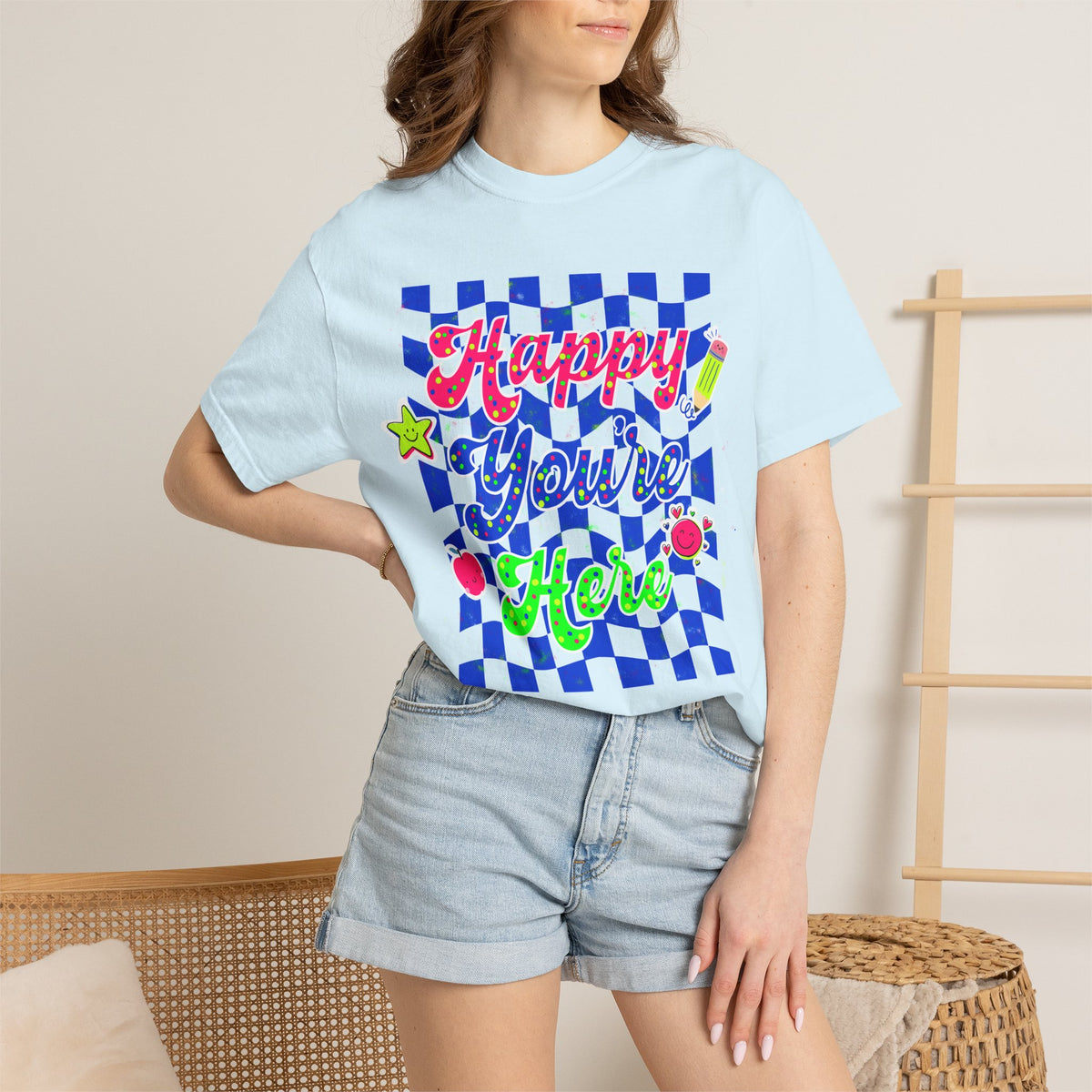 "Happy You're Here" Neon Colors Checkerboard T-Shirt | Retro Doodle Graphics - Unisex regular fit, round neck, short sleeve, cotton, printed, casual