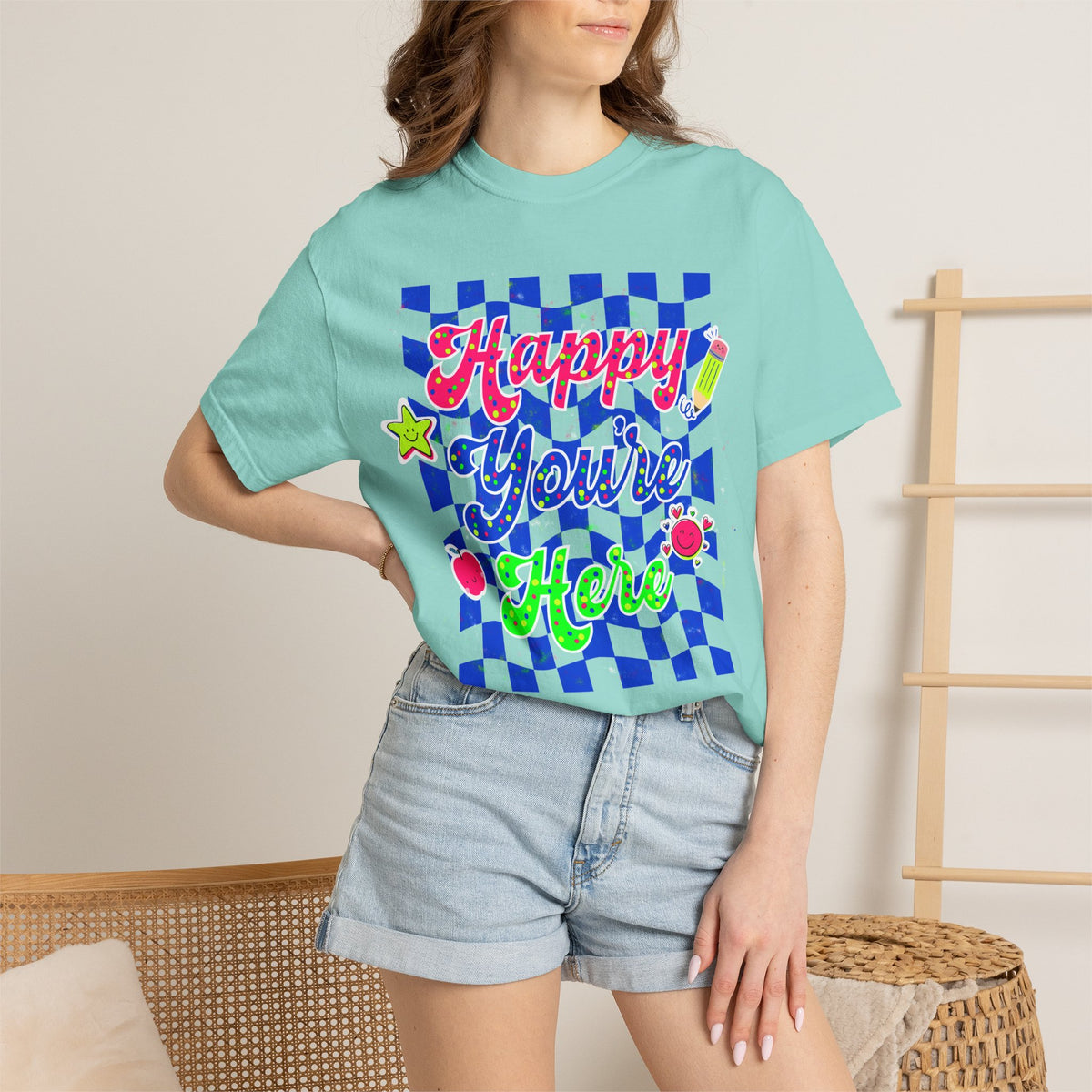 "Happy You're Here" Neon Colors Checkerboard T-Shirt | Retro Doodle Graphics - Unisex regular fit, round neck, short sleeve, cotton, printed, casual