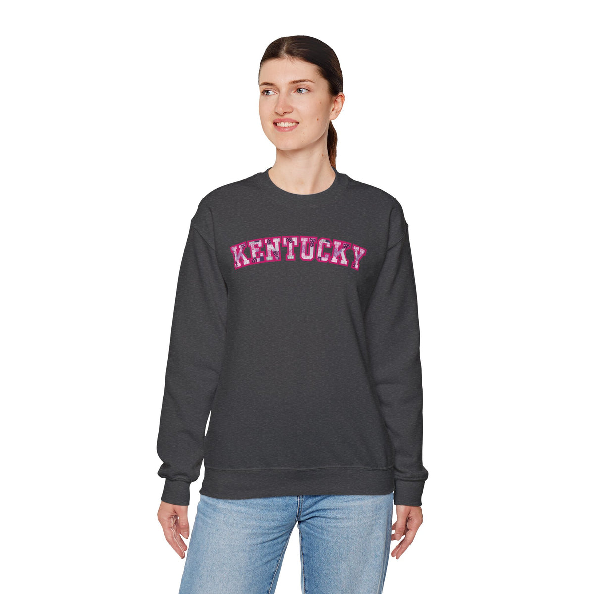 Kentucky Pink Plaid Crewneck Sweatshirt | State Pride, Retro Block Letters