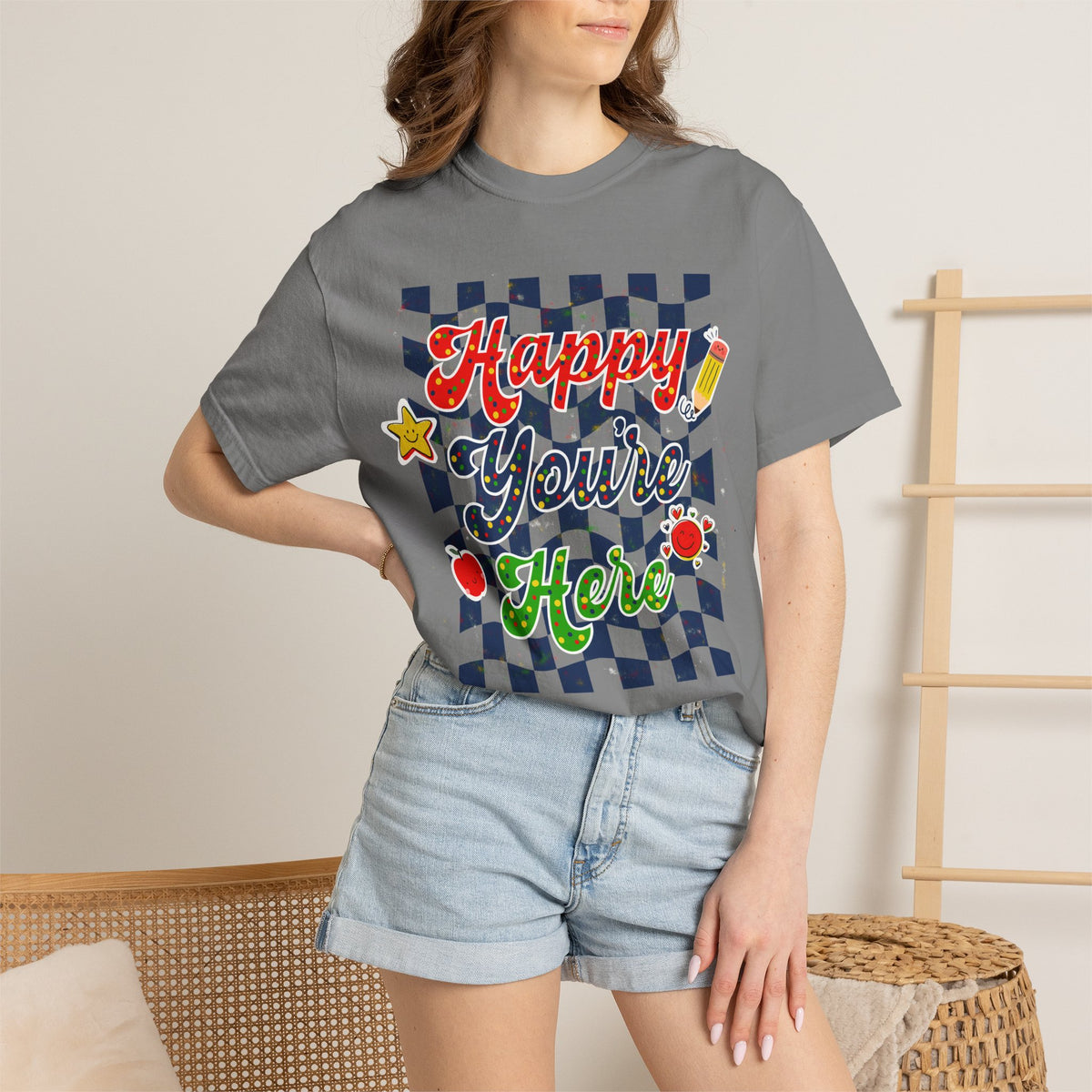"Happy You're Here" Primary Colors Checkerboard T-Shirt | Retro Doodle Graphics - Unisex regular fit, round neck, short sleeve, cotton, printed, casual
