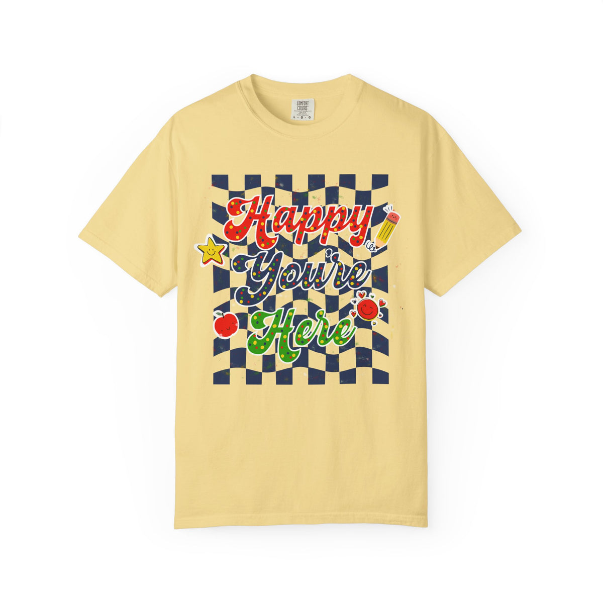 "Happy You're Here" Primary Colors Checkerboard T-Shirt | Retro Doodle Graphics - Unisex regular fit, round neck, short sleeve, cotton, printed, casual