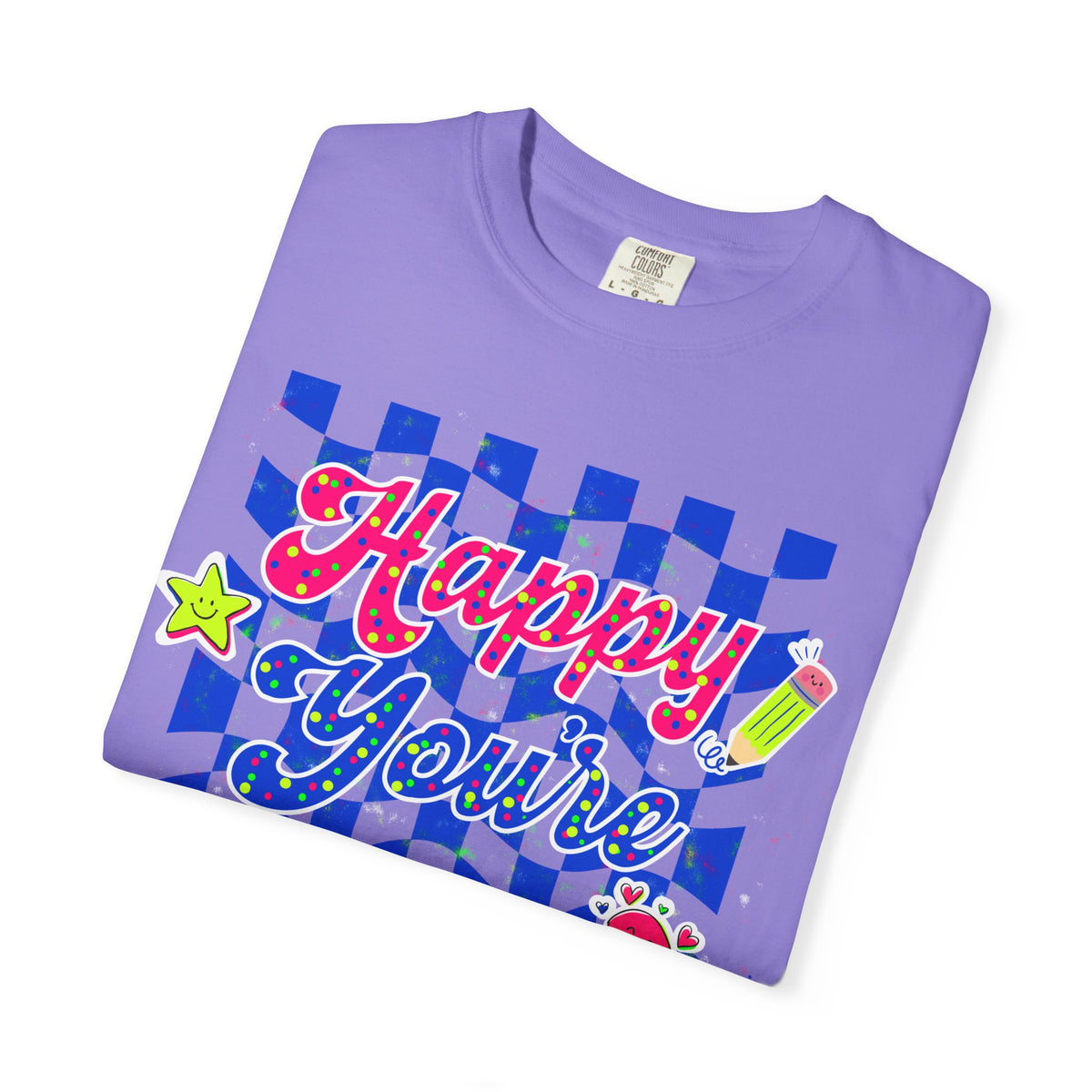 "Happy You're Here" Neon Colors Checkerboard T-Shirt | Retro Doodle Graphics - Unisex regular fit, round neck, short sleeve, cotton, printed, casual