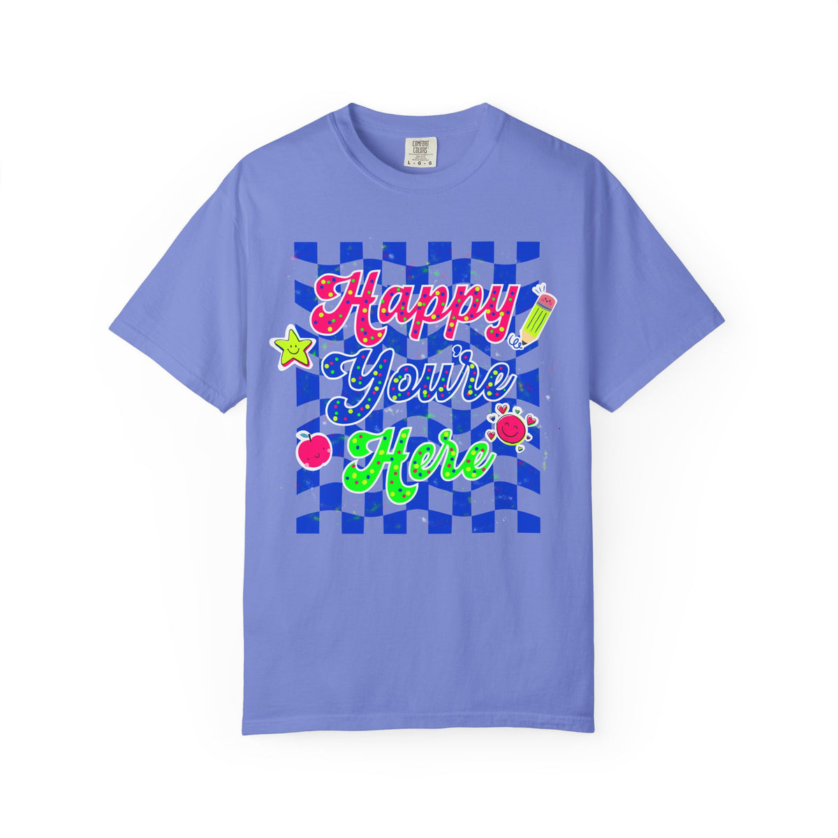 "Happy You're Here" Neon Colors Checkerboard T-Shirt | Retro Doodle Graphics - Unisex regular fit, round neck, short sleeve, cotton, printed, casual