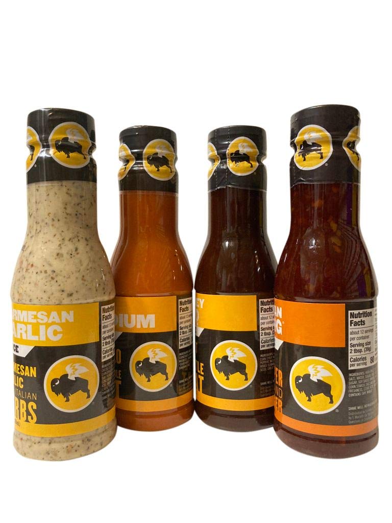 Buffalo Wild Wings Milder Variety Bundle: Parmesan Garlic, Medium, Honey BBQ, Asian Zing: 12 Ounces Each