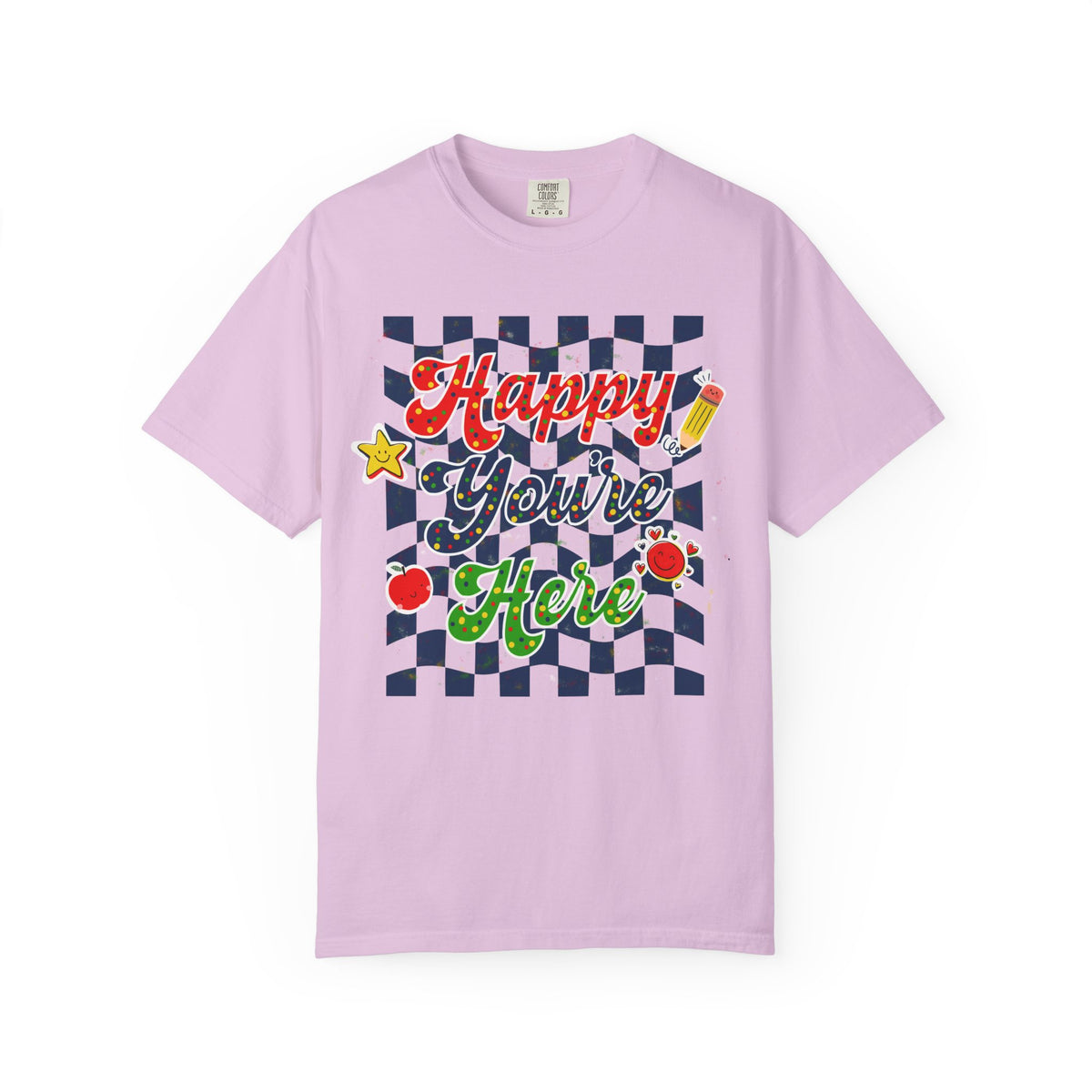 "Happy You're Here" Primary Colors Checkerboard T-Shirt | Retro Doodle Graphics - Unisex regular fit, round neck, short sleeve, cotton, printed, casual