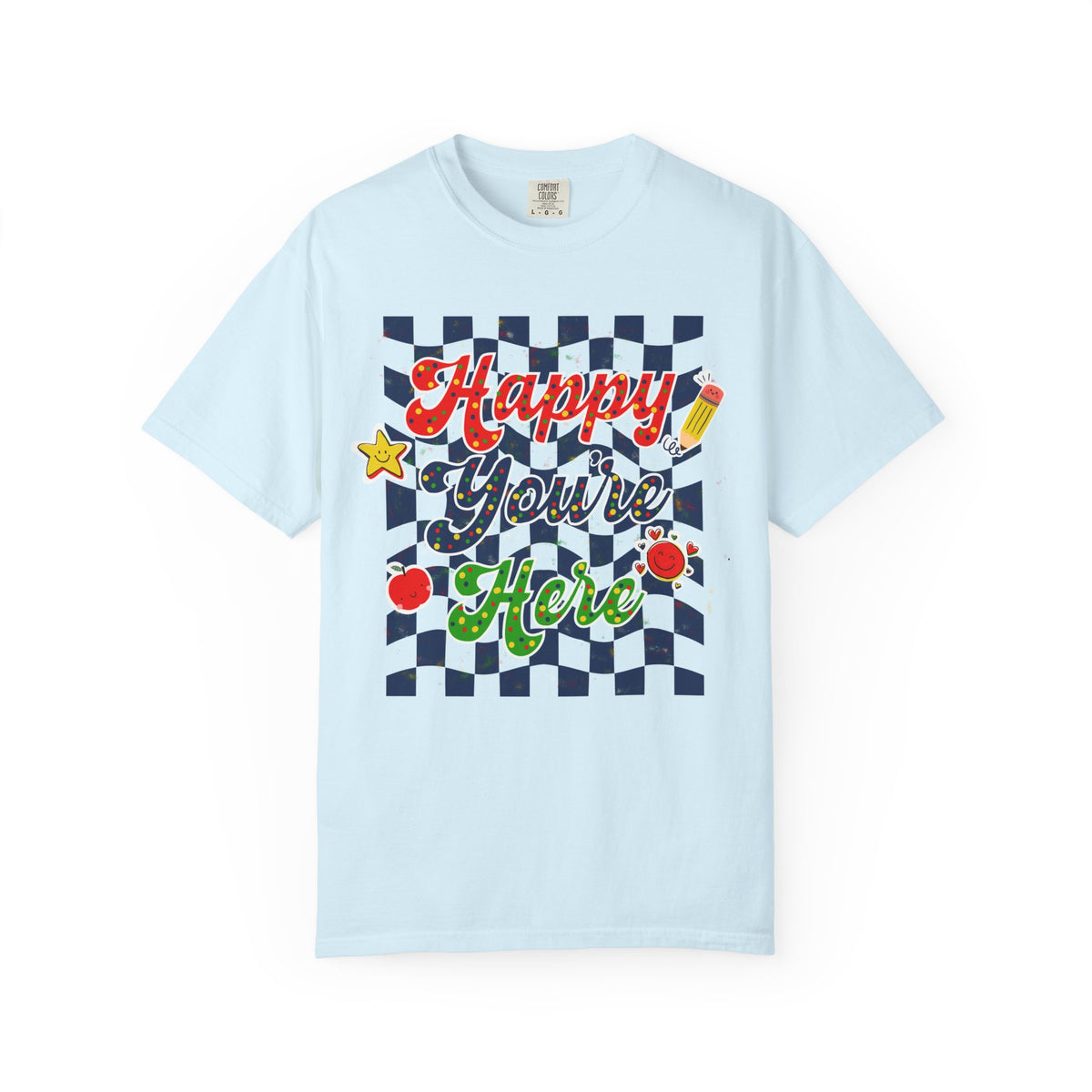 "Happy You're Here" Primary Colors Checkerboard T-Shirt | Retro Doodle Graphics - Unisex regular fit, round neck, short sleeve, cotton, printed, casual