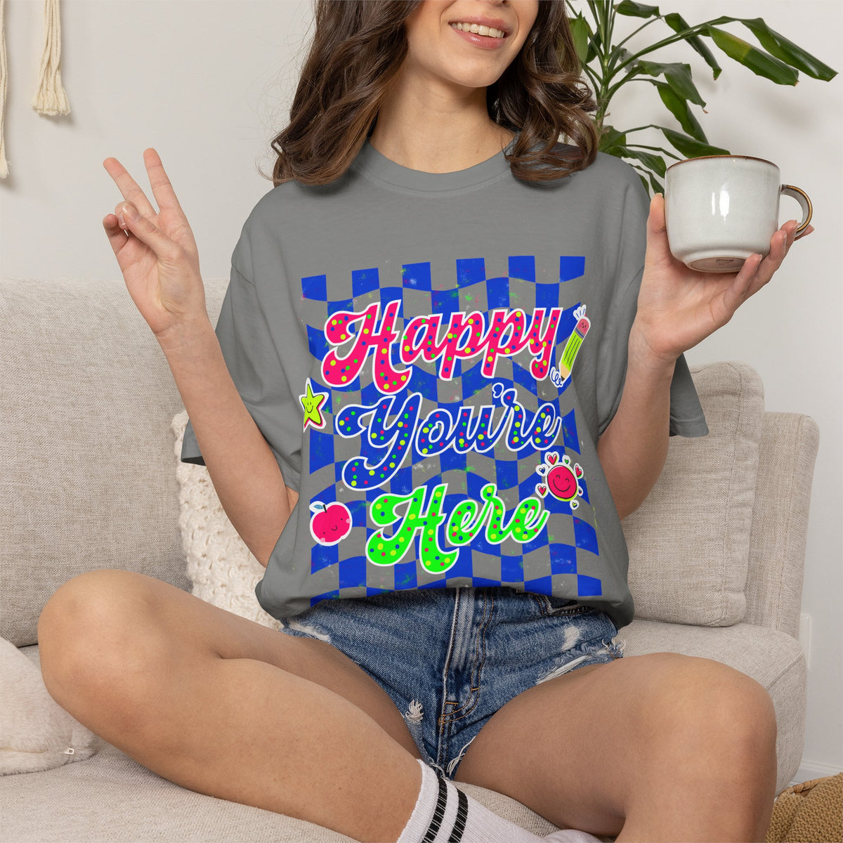 "Happy You're Here" Neon Colors Checkerboard T-Shirt | Retro Doodle Graphics - Unisex regular fit, round neck, short sleeve, cotton, printed, casual