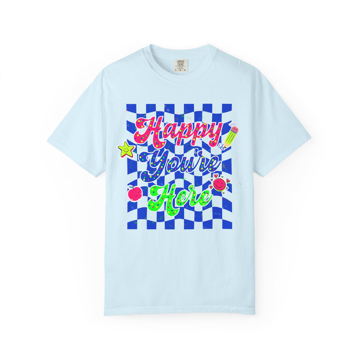 "Happy You're Here" Neon Colors Checkerboard T-Shirt | Retro Doodle Graphics - Unisex regular fit, round neck, short sleeve, cotton, printed, casual