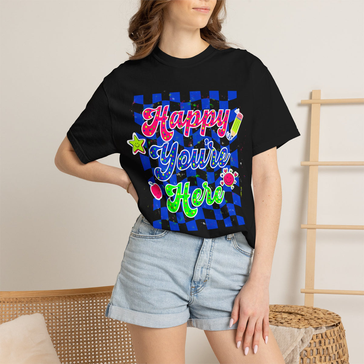 "Happy You're Here" Neon Colors Checkerboard T-Shirt | Retro Doodle Graphics - Unisex regular fit, round neck, short sleeve, cotton, printed, casual