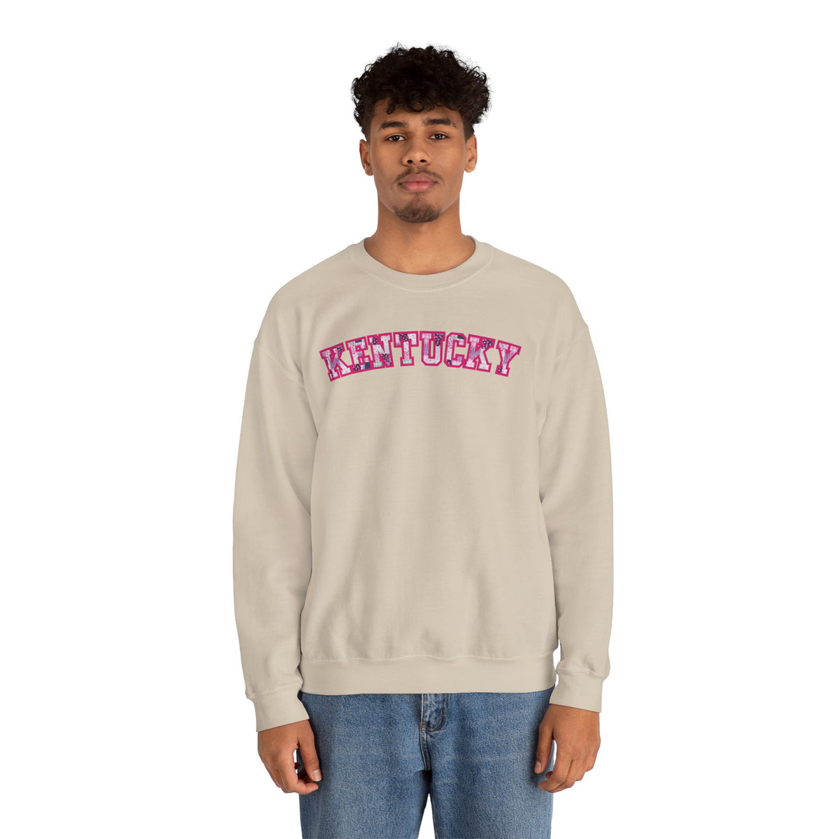 Kentucky Pink Plaid Crewneck Sweatshirt | State Pride, Retro Block Letters