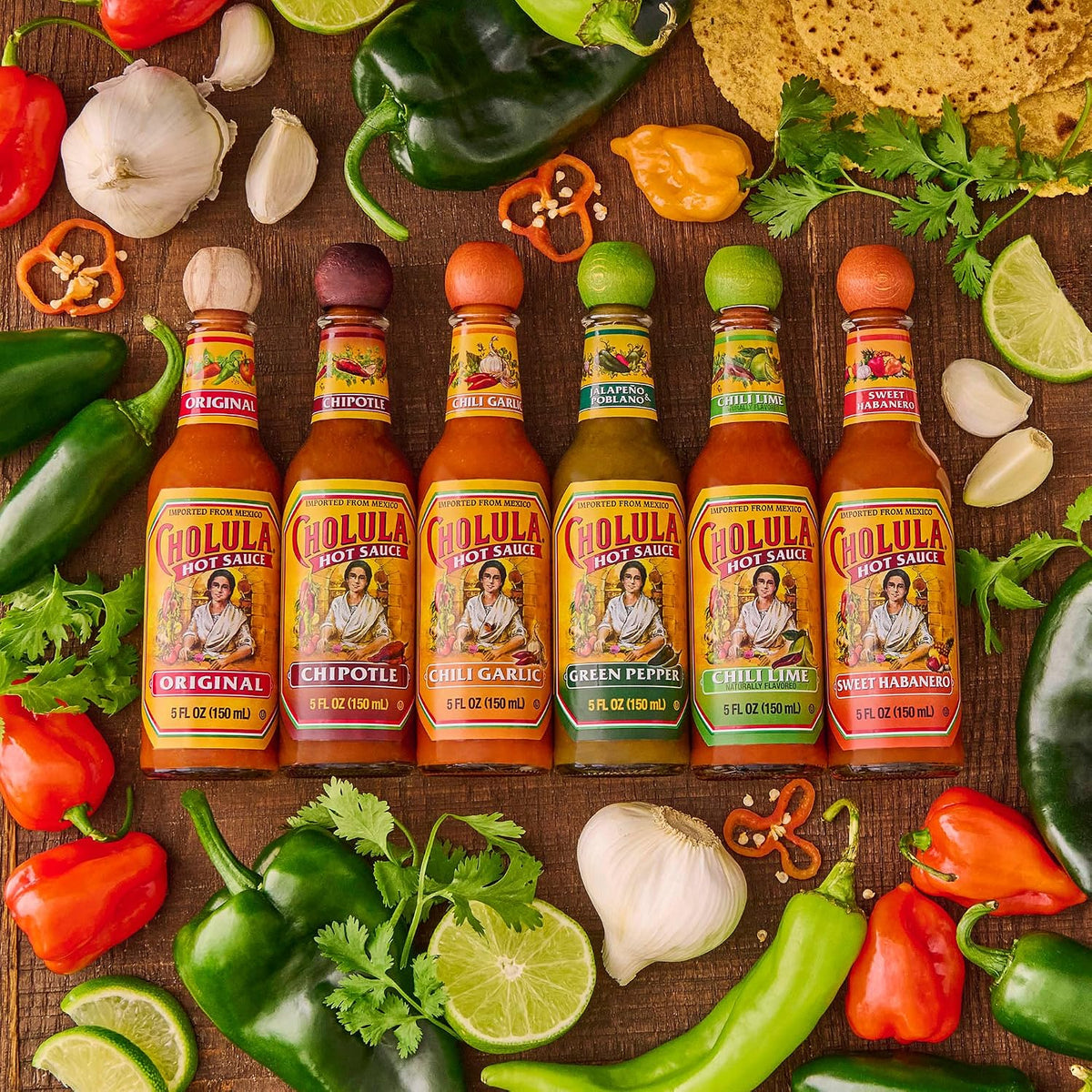 Cholula Hot Sauce Variety Pack, Product of Mexico, Gift Set Includes Six 5 Fl Oz Signature Cholula Hot Sauces for Eggs, Pizza, Mexican Dishes, and More, 30 fl oz