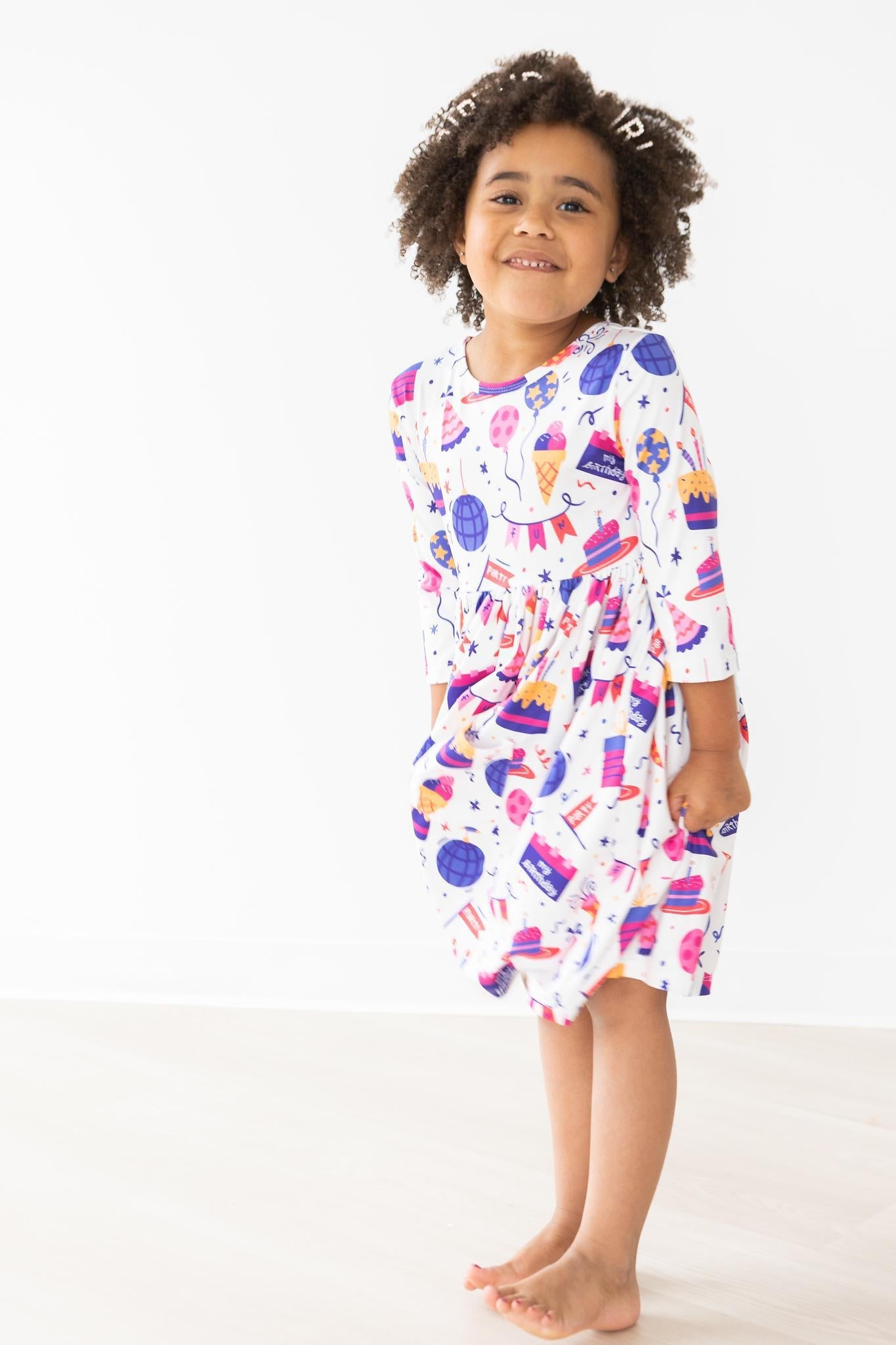 Happy Birthday 3/4 Sleeve Pocket Twirl Dress