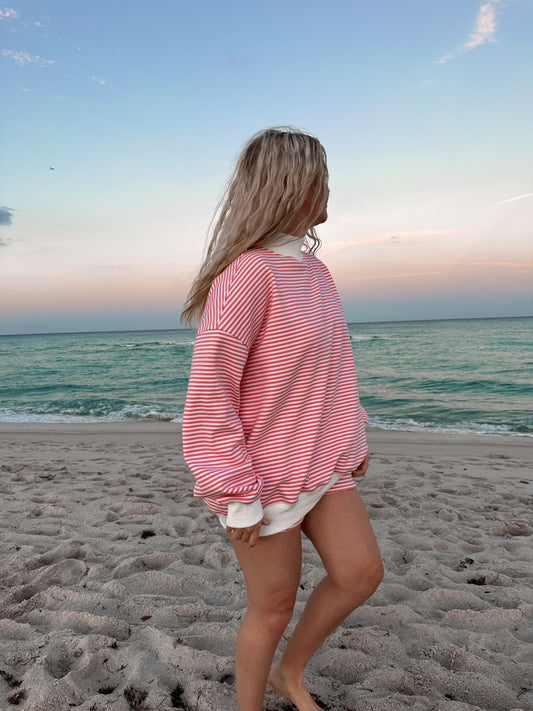 Dark Pink and White Big Striped Mockneck Sweatshirt