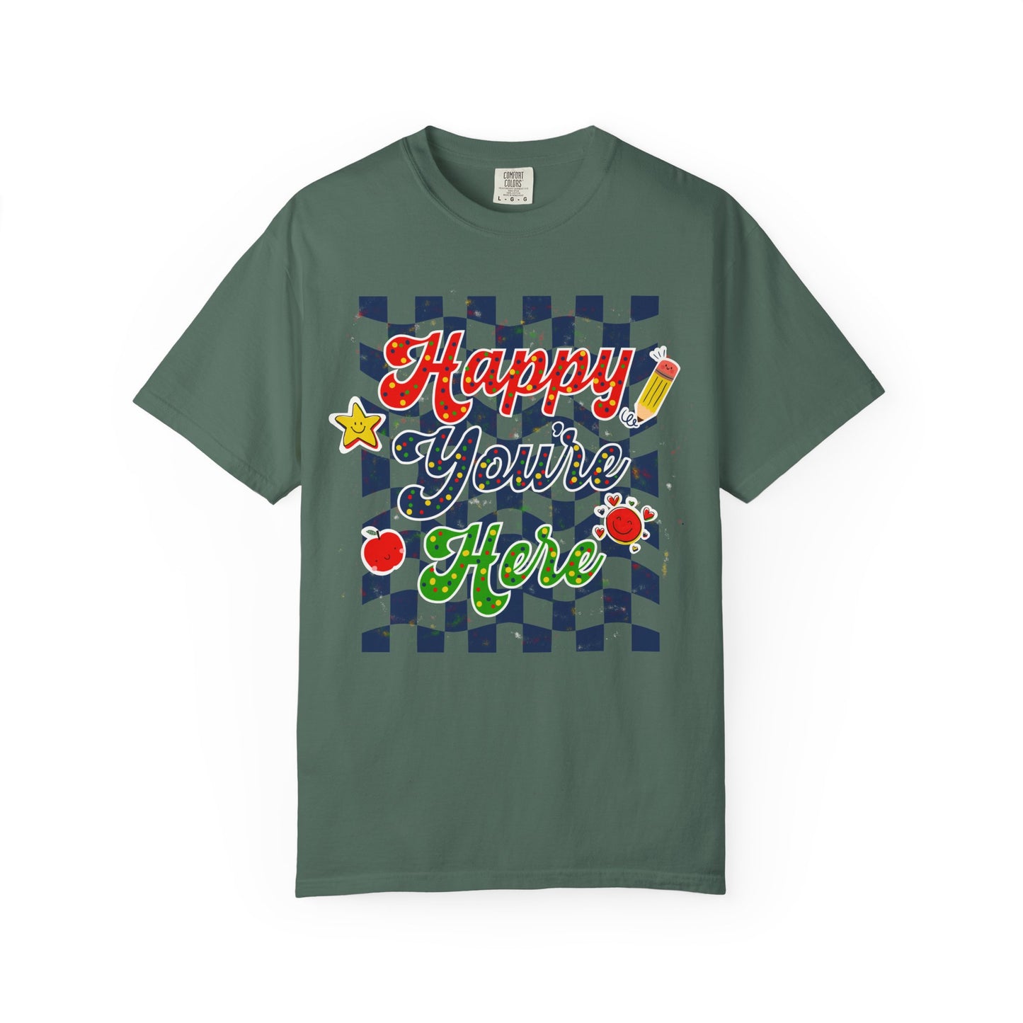 "Happy You're Here" Primary Colors Checkerboard T-Shirt | Retro Doodle Graphics - Unisex regular fit, round neck, short sleeve, cotton, printed, casual