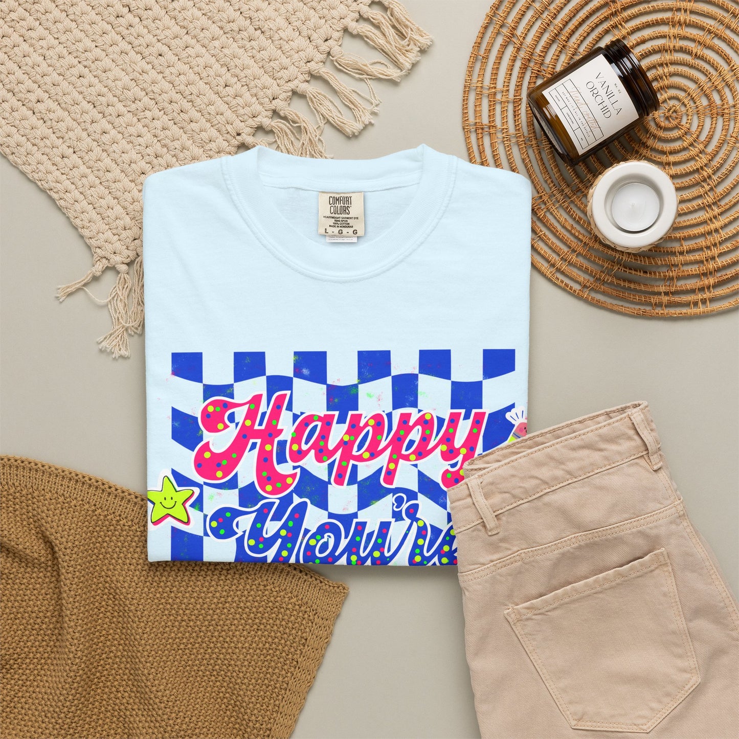 "Happy You're Here" Neon Colors Checkerboard T-Shirt | Retro Doodle Graphics - Unisex regular fit, round neck, short sleeve, cotton, printed, casual