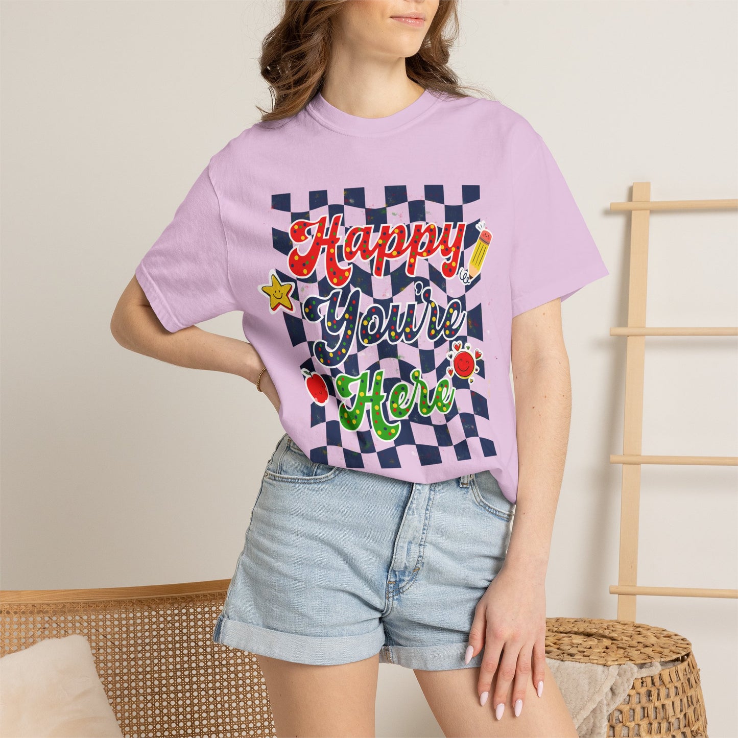 "Happy You're Here" Primary Colors Checkerboard T-Shirt | Retro Doodle Graphics - Unisex regular fit, round neck, short sleeve, cotton, printed, casual