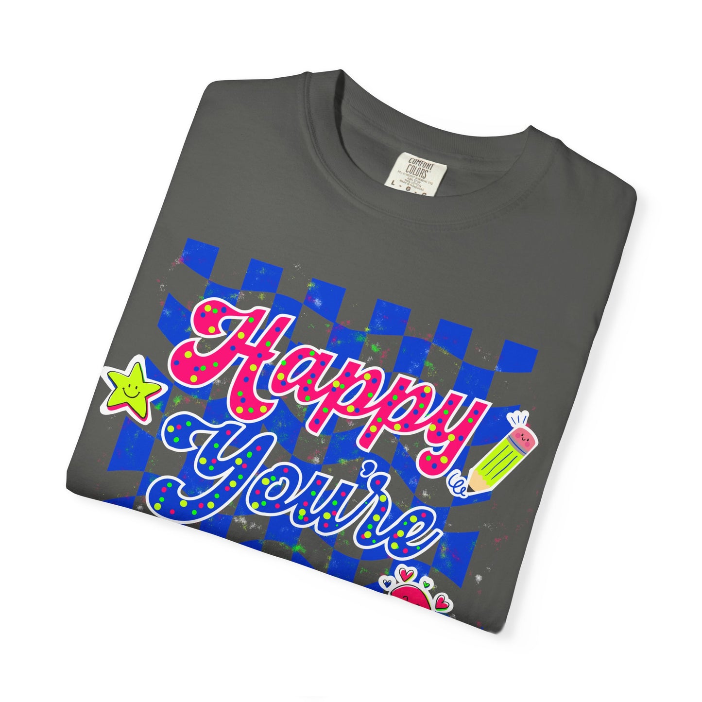"Happy You're Here" Neon Colors Checkerboard T-Shirt | Retro Doodle Graphics - Unisex regular fit, round neck, short sleeve, cotton, printed, casual
