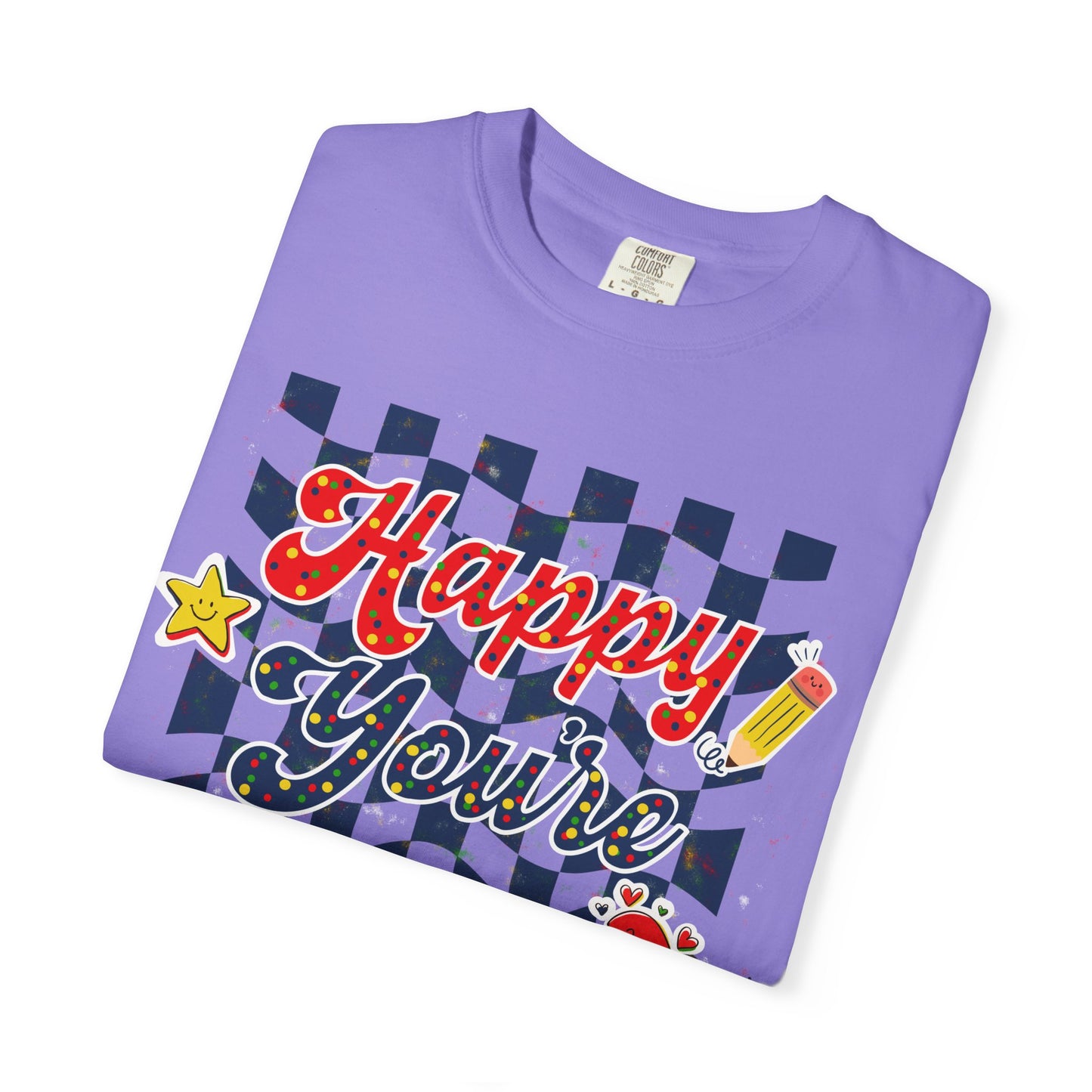 "Happy You're Here" Primary Colors Checkerboard T-Shirt | Retro Doodle Graphics - Unisex regular fit, round neck, short sleeve, cotton, printed, casual