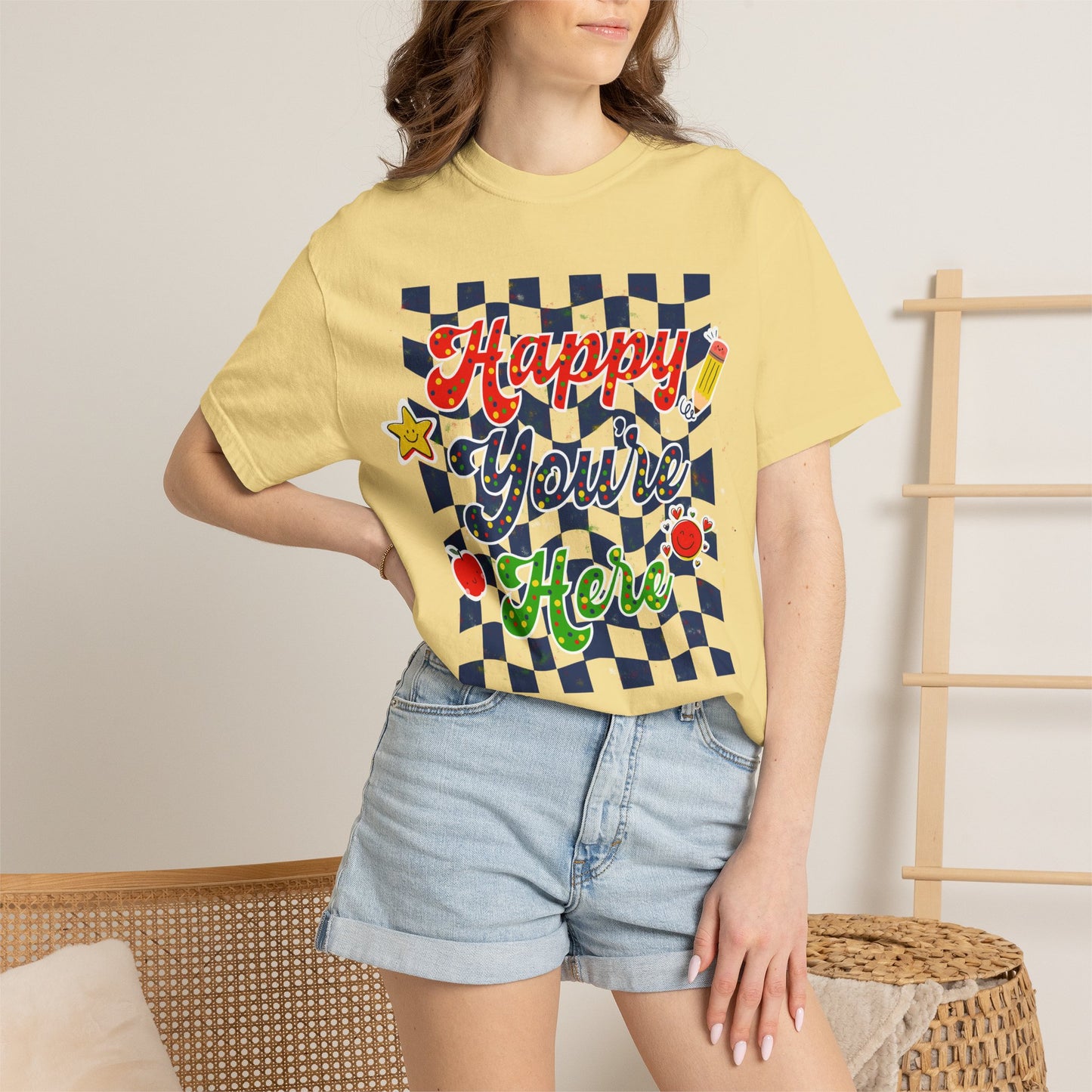 "Happy You're Here" Primary Colors Checkerboard T-Shirt | Retro Doodle Graphics - Unisex regular fit, round neck, short sleeve, cotton, printed, casual