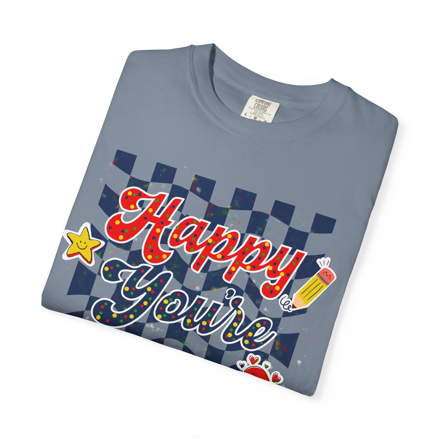 "Happy You're Here" Primary Colors Checkerboard T-Shirt | Retro Doodle Graphics - Unisex regular fit, round neck, short sleeve, cotton, printed, casual
