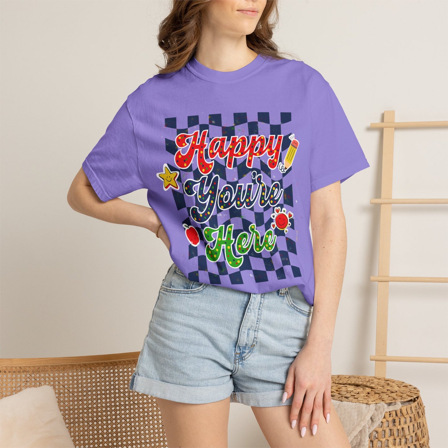 "Happy You're Here" Primary Colors Checkerboard T-Shirt | Retro Doodle Graphics - Unisex regular fit, round neck, short sleeve, cotton, printed, casual