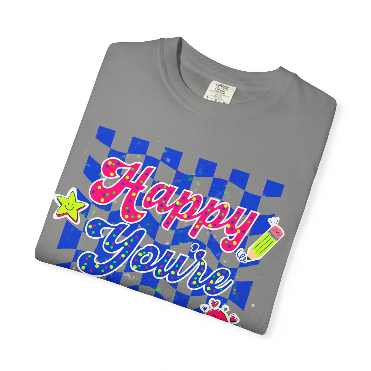 "Happy You're Here" Neon Colors Checkerboard T-Shirt | Retro Doodle Graphics - Unisex regular fit, round neck, short sleeve, cotton, printed, casual