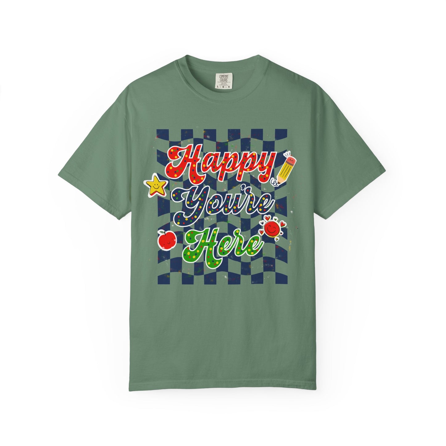 "Happy You're Here" Primary Colors Checkerboard T-Shirt | Retro Doodle Graphics - Unisex regular fit, round neck, short sleeve, cotton, printed, casual