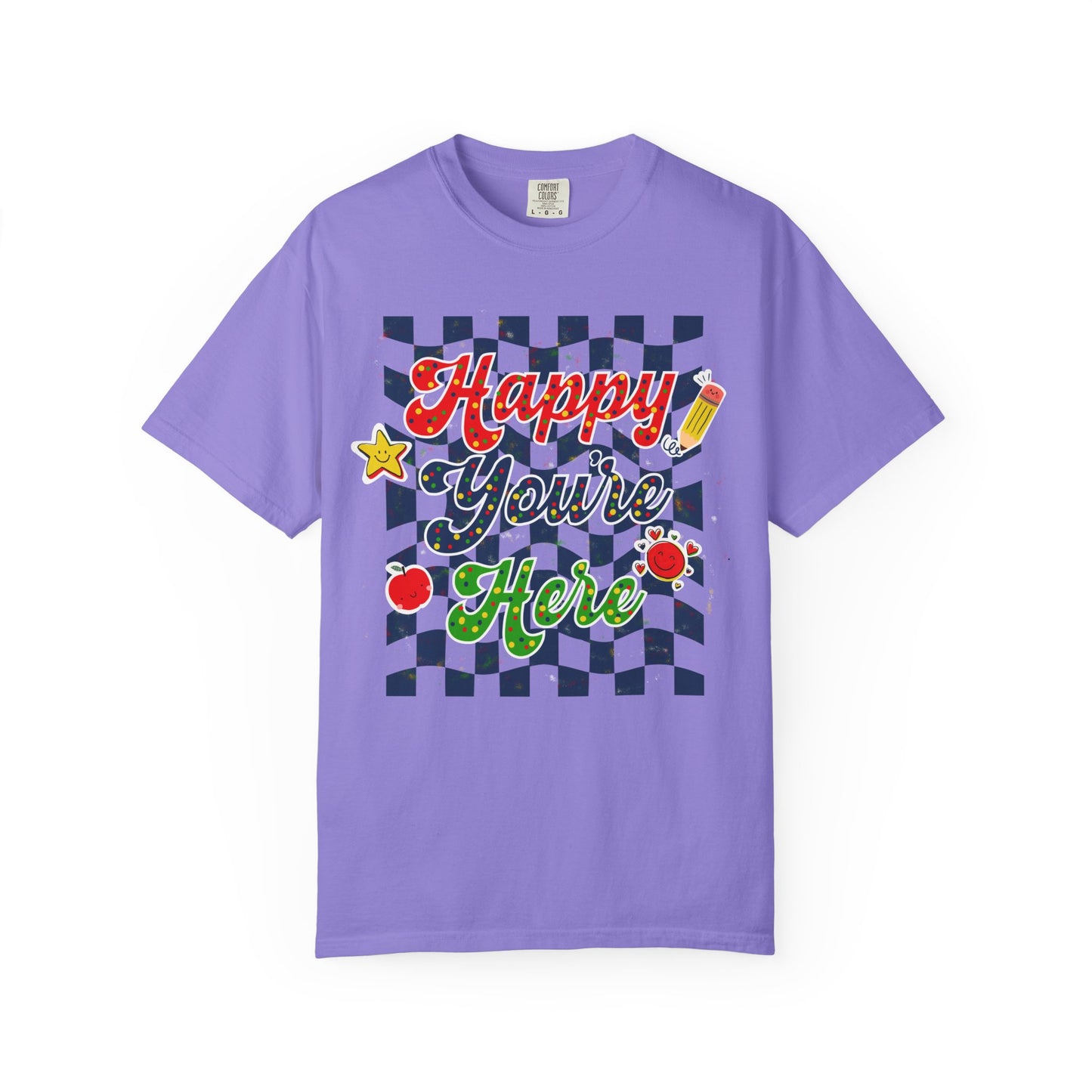 "Happy You're Here" Primary Colors Checkerboard T-Shirt | Retro Doodle Graphics - Unisex regular fit, round neck, short sleeve, cotton, printed, casual