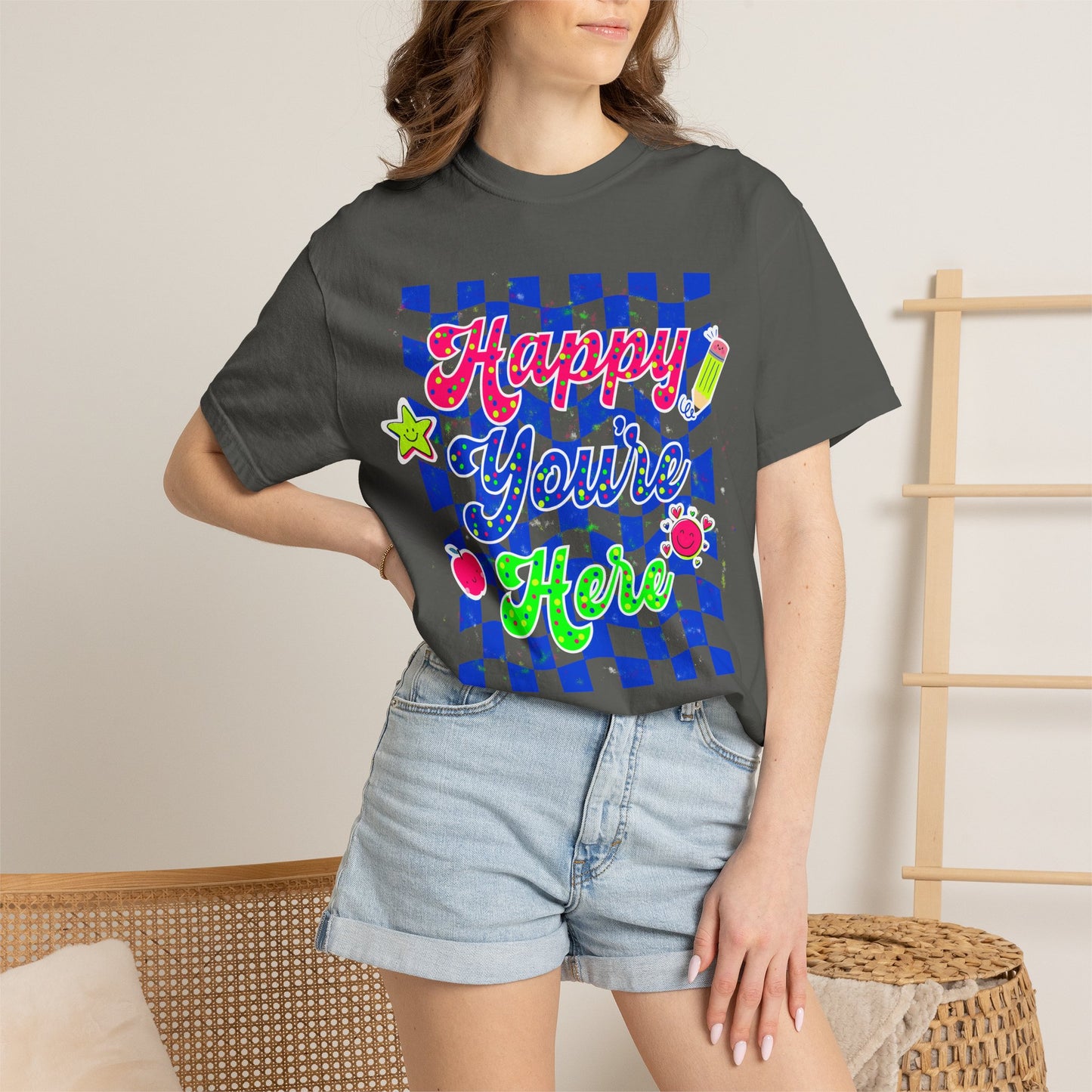 "Happy You're Here" Neon Colors Checkerboard T-Shirt | Retro Doodle Graphics - Unisex regular fit, round neck, short sleeve, cotton, printed, casual