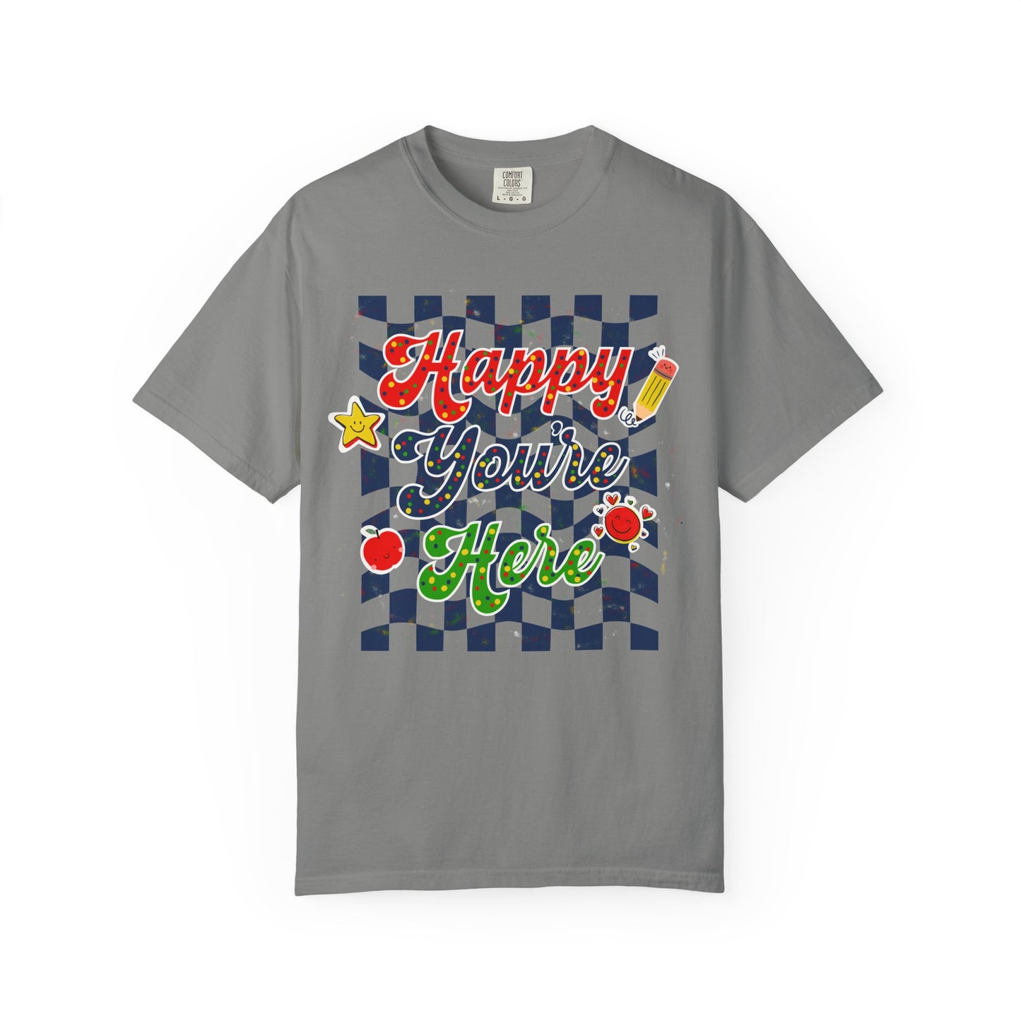 "Happy You're Here" Primary Colors Checkerboard T-Shirt | Retro Doodle Graphics - Unisex regular fit, round neck, short sleeve, cotton, printed, casual