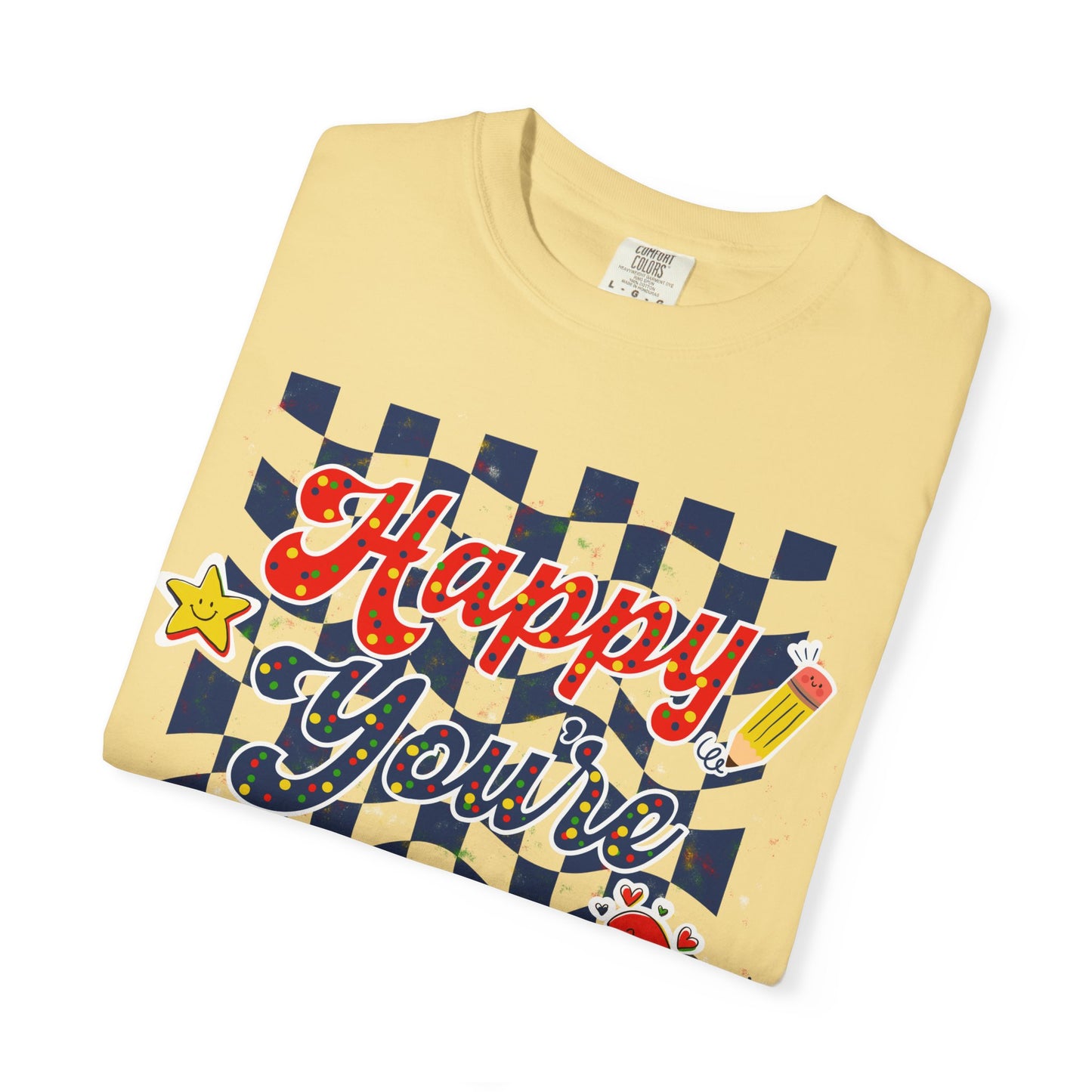 "Happy You're Here" Primary Colors Checkerboard T-Shirt | Retro Doodle Graphics - Unisex regular fit, round neck, short sleeve, cotton, printed, casual