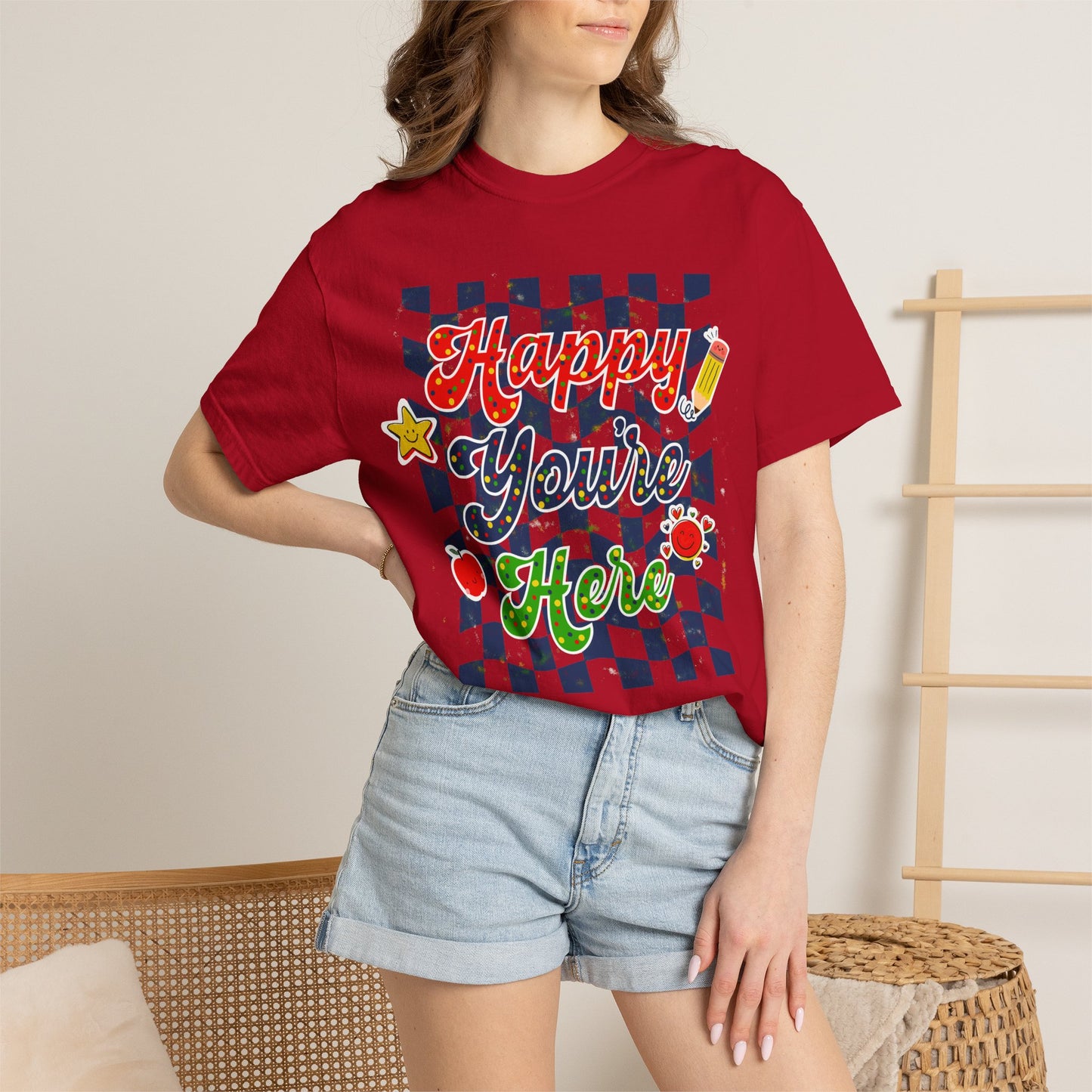 "Happy You're Here" Primary Colors Checkerboard T-Shirt | Retro Doodle Graphics - Unisex regular fit, round neck, short sleeve, cotton, printed, casual