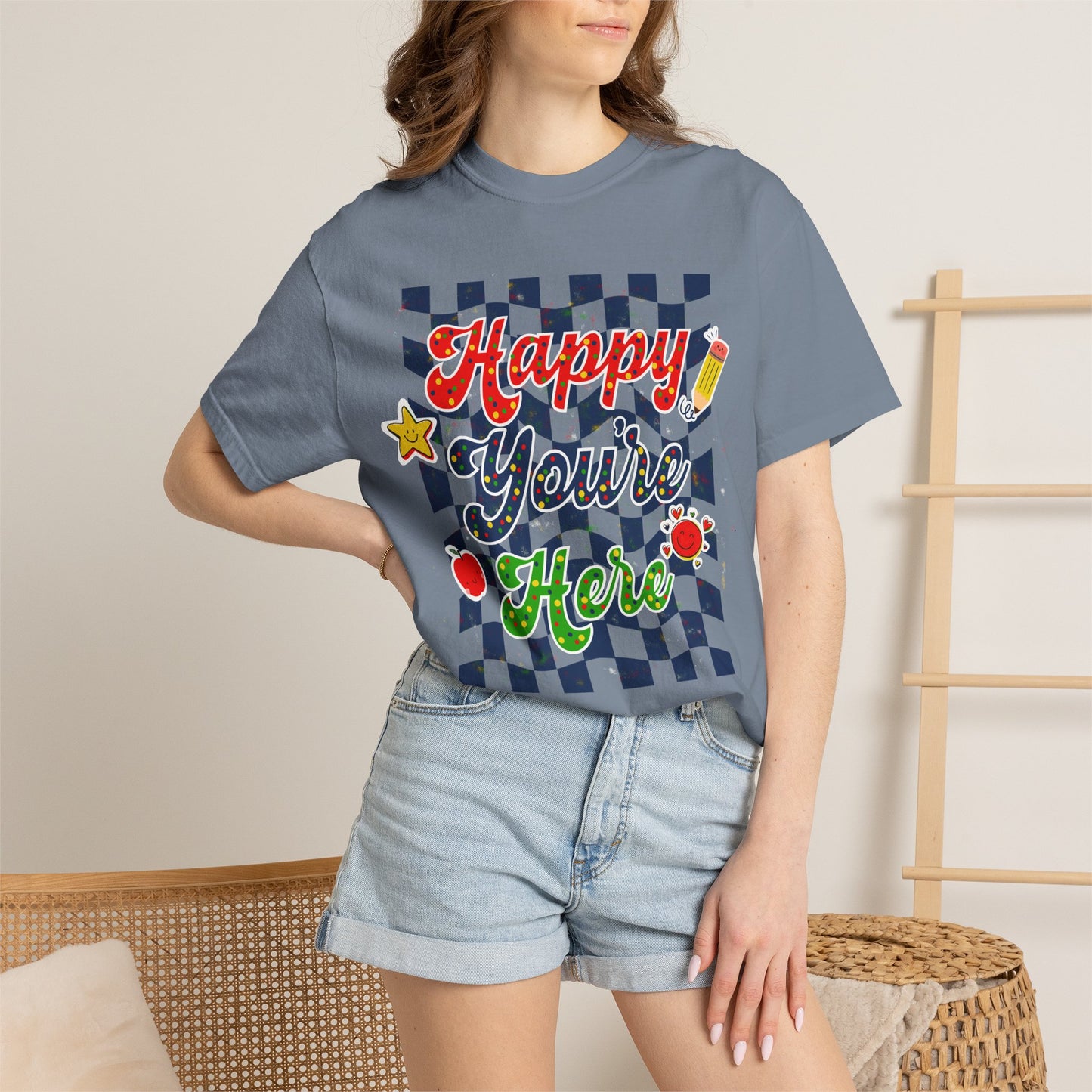 "Happy You're Here" Primary Colors Checkerboard T-Shirt | Retro Doodle Graphics - Unisex regular fit, round neck, short sleeve, cotton, printed, casual