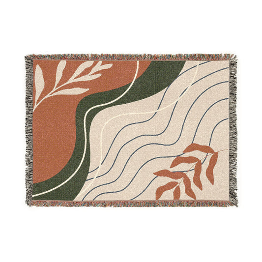 Mid Century Abstract Botanical Woven Blanket — Earth Tone Decorative Throw
