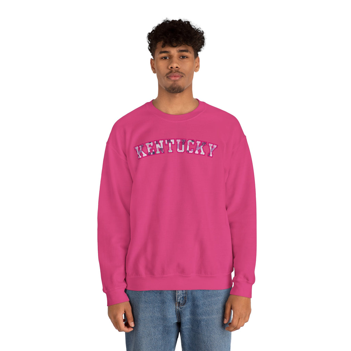 Kentucky Pink Plaid Crewneck Sweatshirt | State Pride, Retro Block Letters