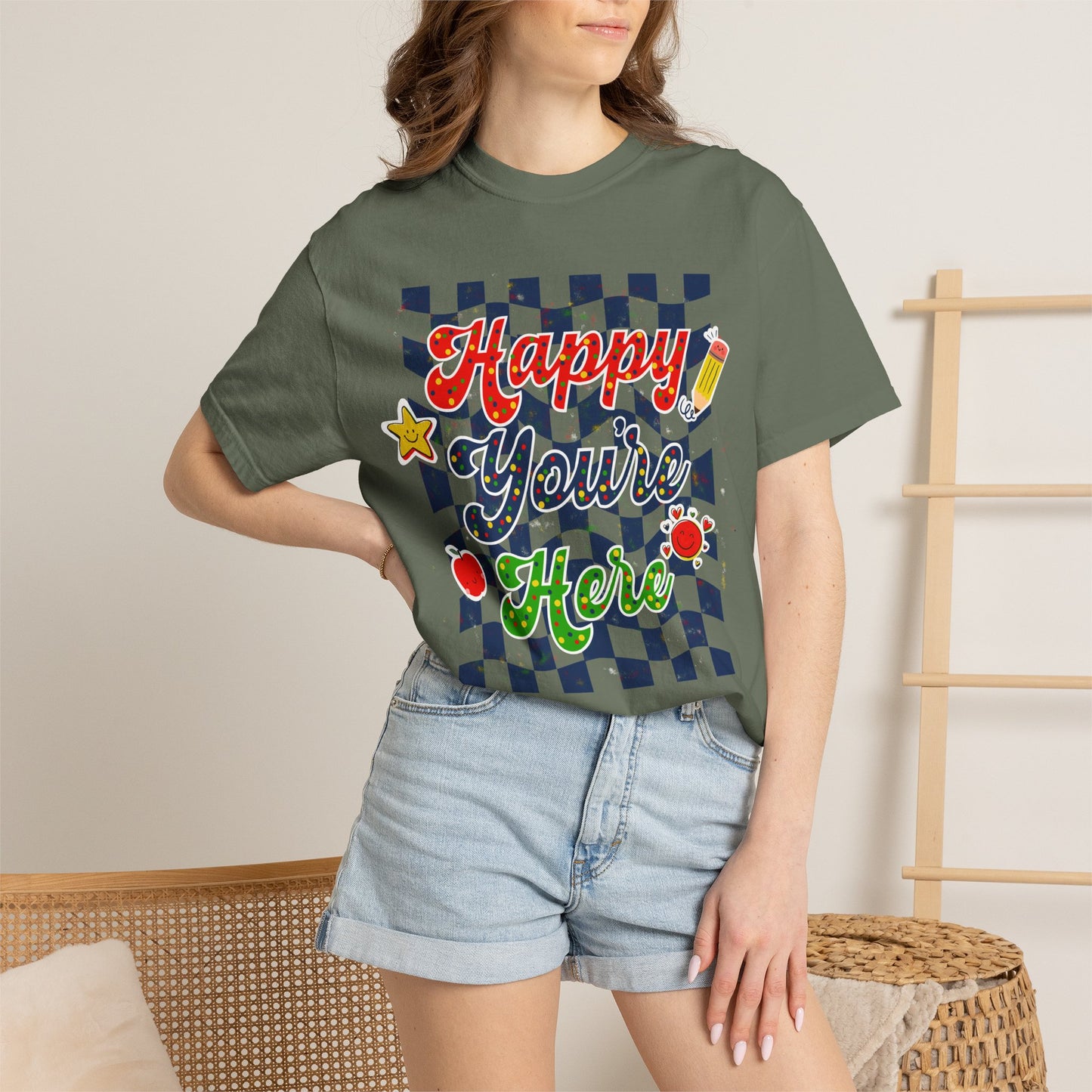 "Happy You're Here" Primary Colors Checkerboard T-Shirt | Retro Doodle Graphics - Unisex regular fit, round neck, short sleeve, cotton, printed, casual