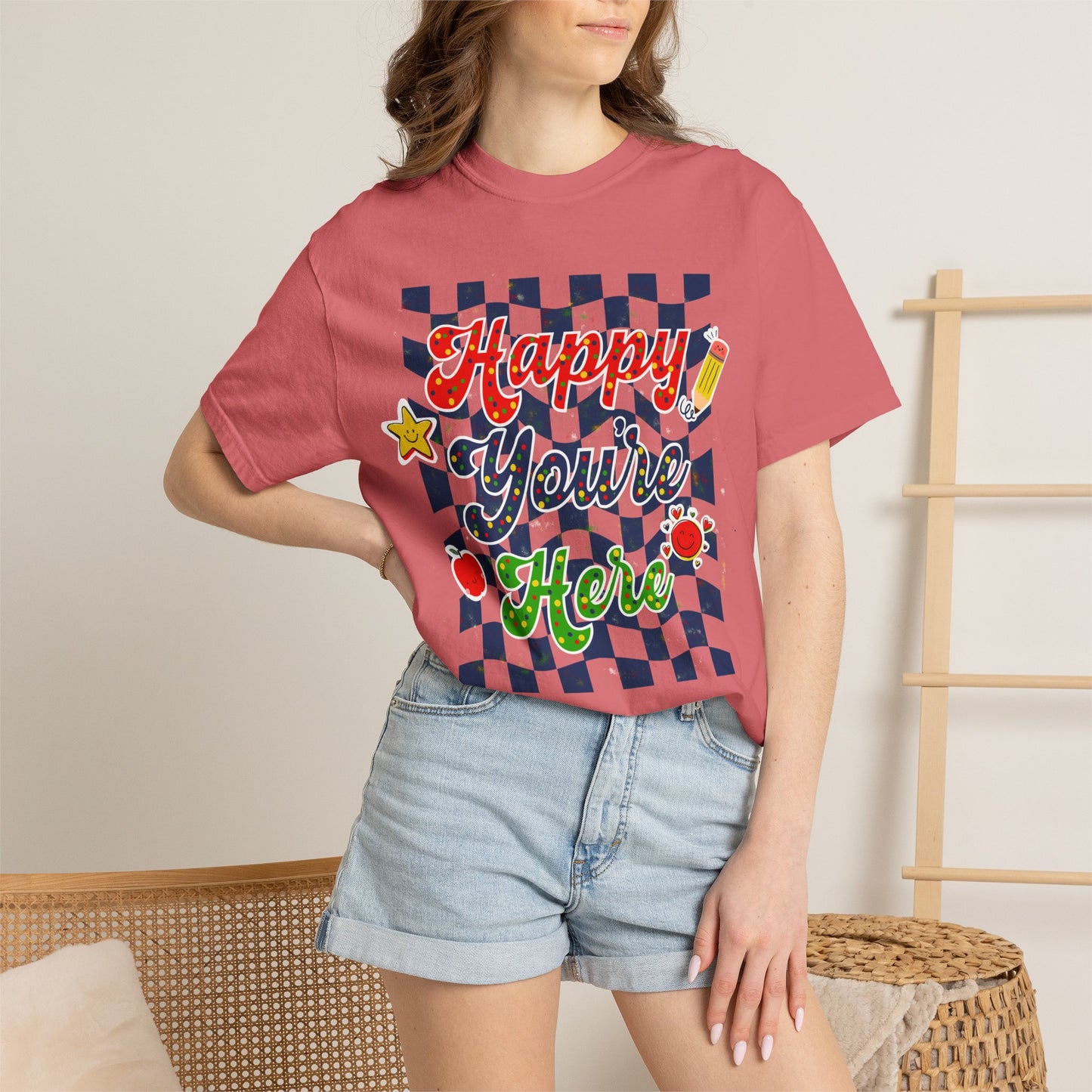 "Happy You're Here" Primary Colors Checkerboard T-Shirt | Retro Doodle Graphics - Unisex regular fit, round neck, short sleeve, cotton, printed, casual