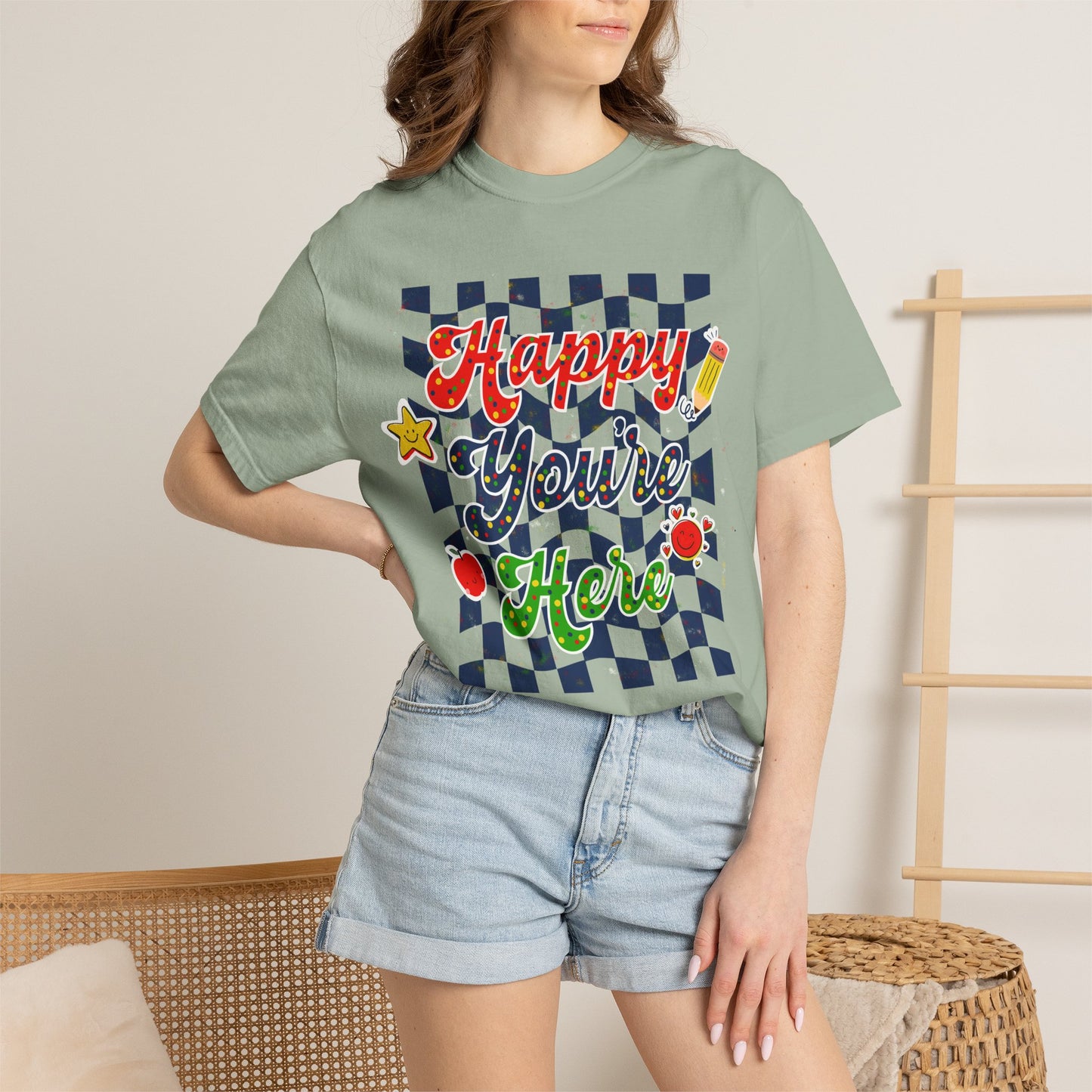 "Happy You're Here" Primary Colors Checkerboard T-Shirt | Retro Doodle Graphics - Unisex regular fit, round neck, short sleeve, cotton, printed, casual
