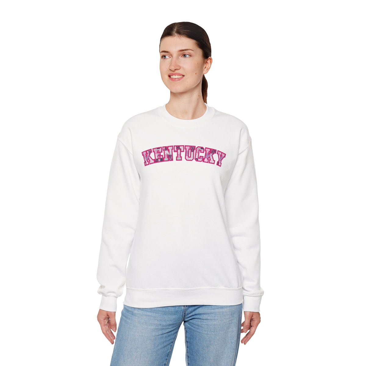 Kentucky Pink Plaid Crewneck Sweatshirt | State Pride, Retro Block Letters